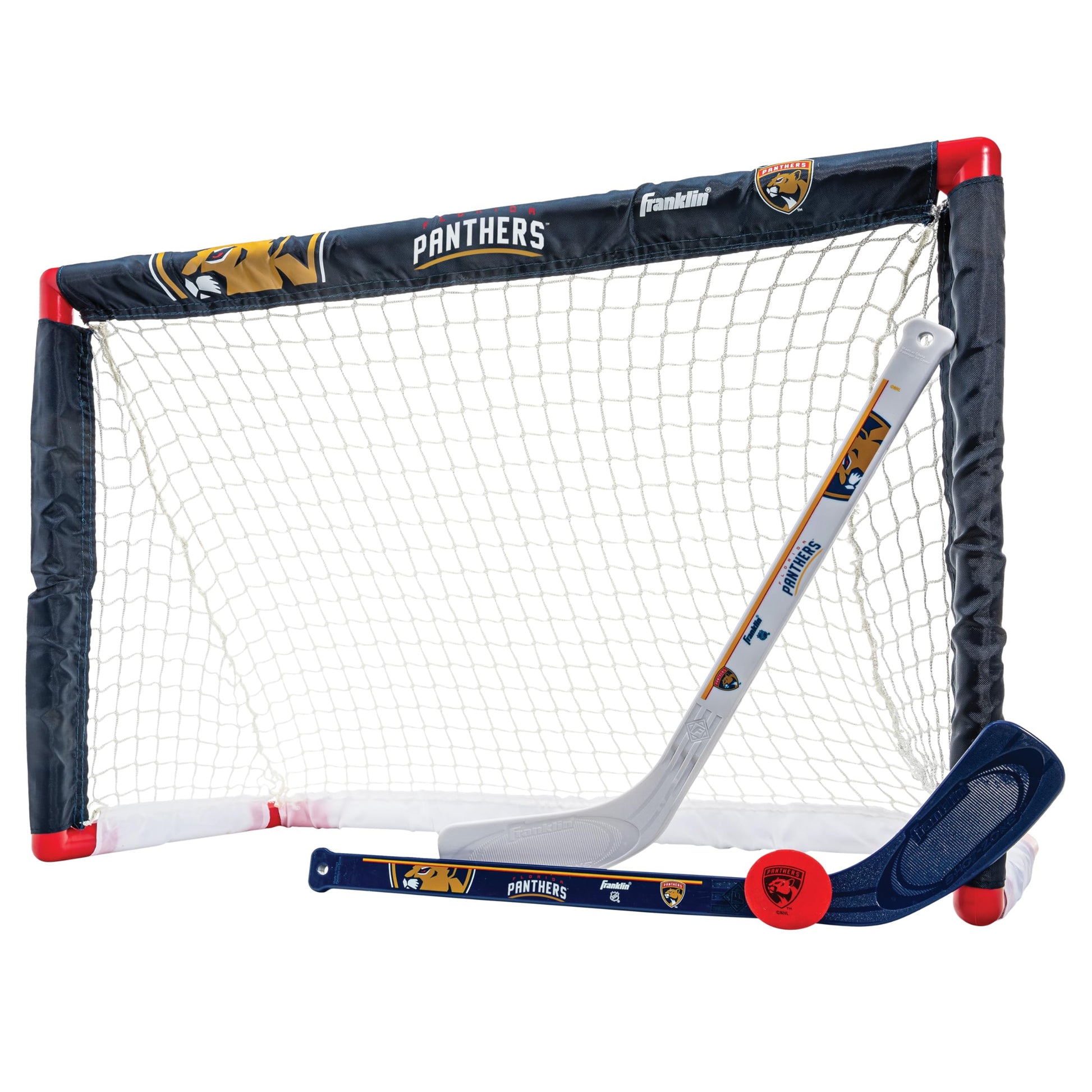 Franklin Sports NHL Florida Panthers Mini Hockey Set - Kids Indoor Knee Hockey Goal, Ball, 2 Mini Hockey Stick Combo Set - Youth NHL Team Indoor Toy