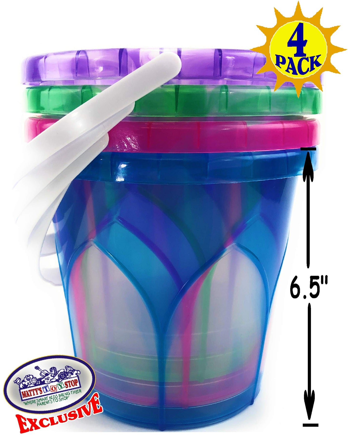 Matty's Toy Stop Beach Gear 6.5" Opaque Plastic Sand Buckets (Pails) Blue, Pink, Green & Purple Party Set Bundle - 4 Pack