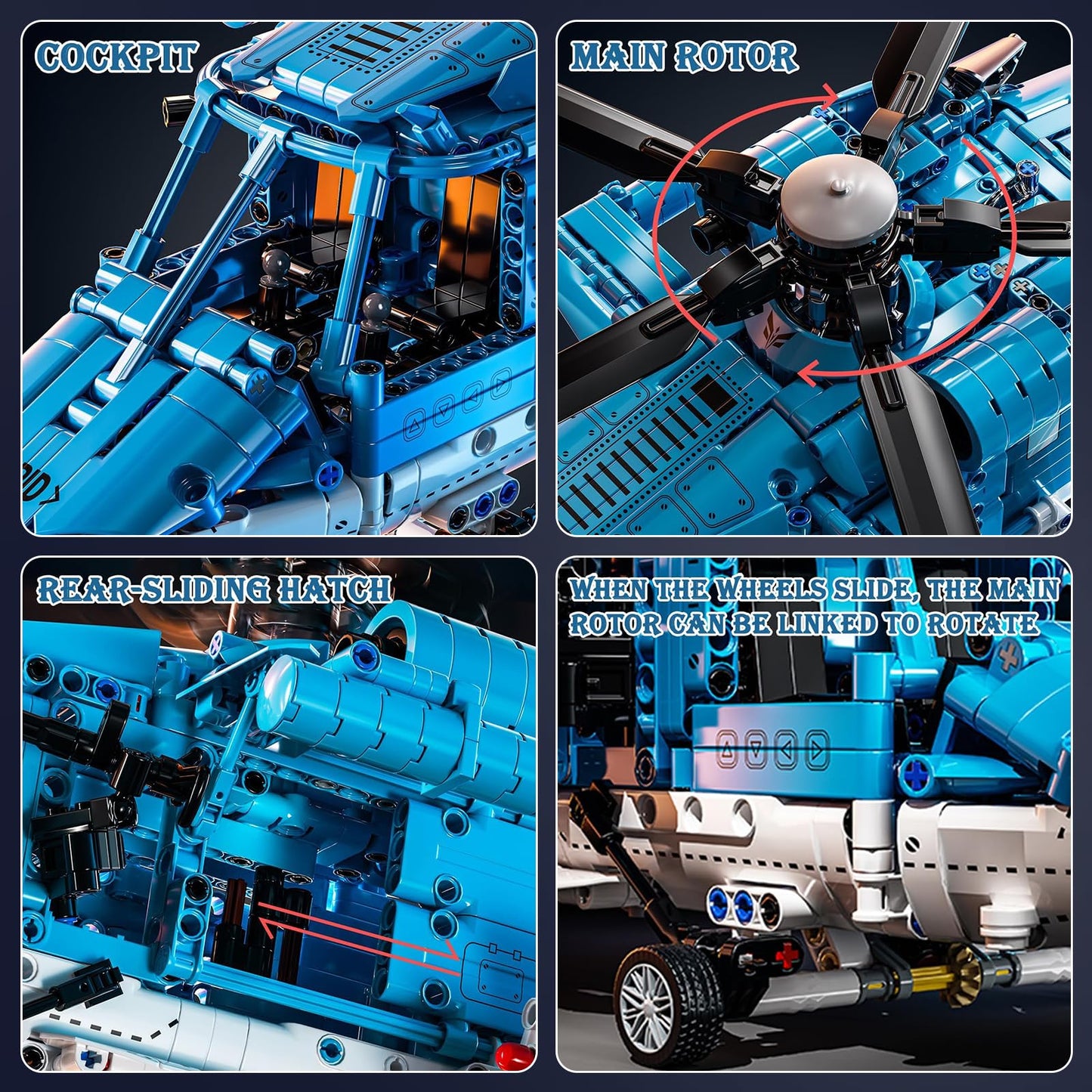 Powered Military Helicopter Building Blocks Set - 1521PCS Army Aircraft Bricks Model with Motor-Driven Rotors, Power Module & Mechanical Gear System