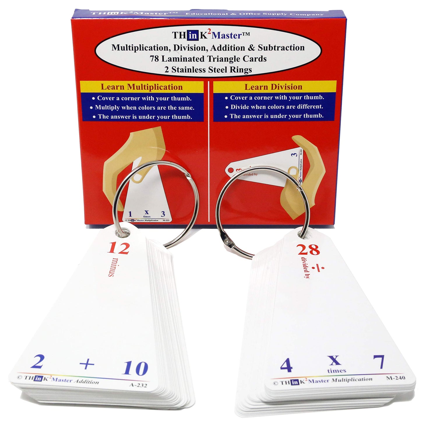 Think2Master Premium Laminated Multiplication Division Addition & Subtraction Triangle Flash Cards | 78 Dry Erasable Flashcards. Includes 2 Rings.
