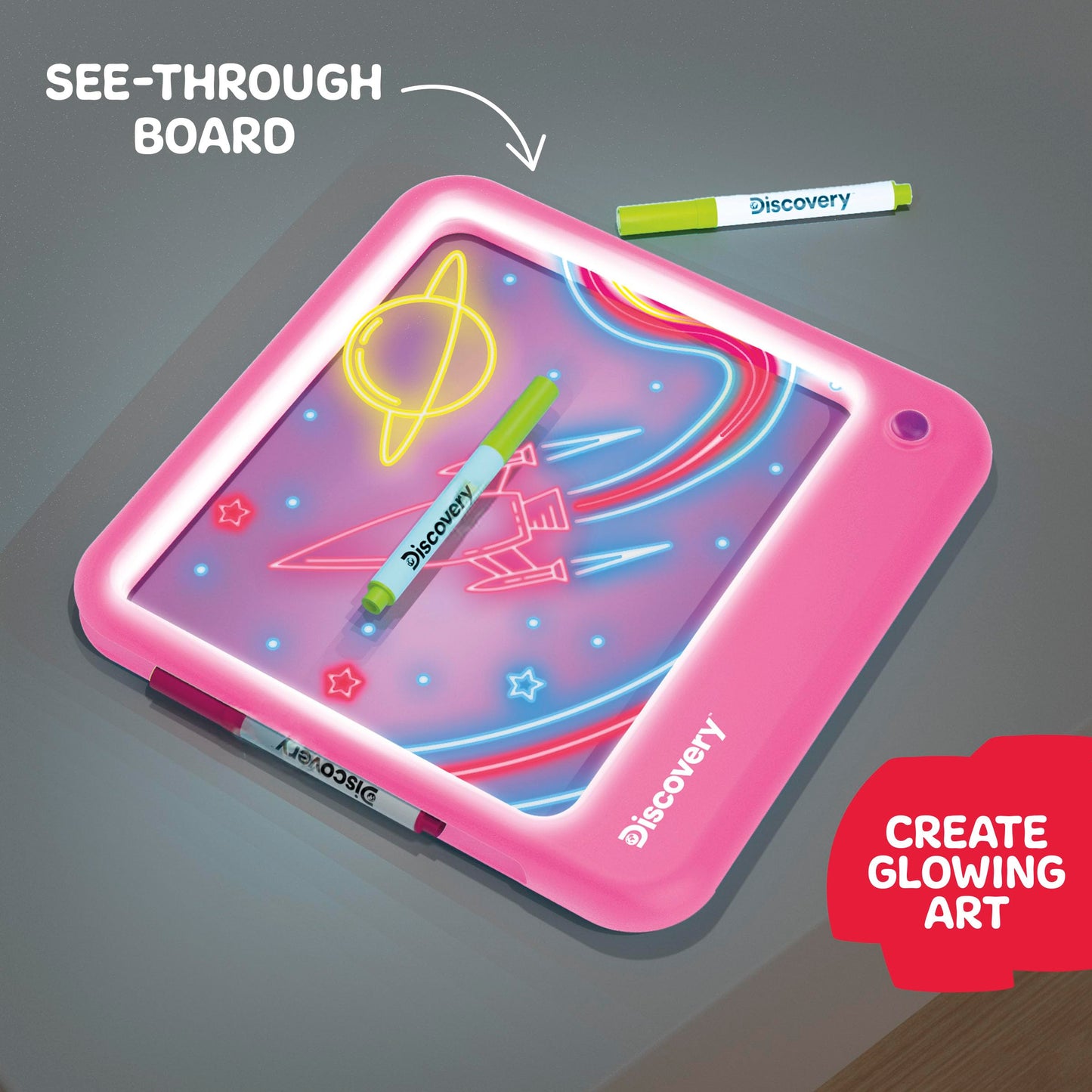 Discovery Neon Glow Drawing Board - LED Drawing Tablet for Kids| 8 Light Effects, 3 Washable Markers| Doodle Board Sketch Pad Art Kit| Built-in