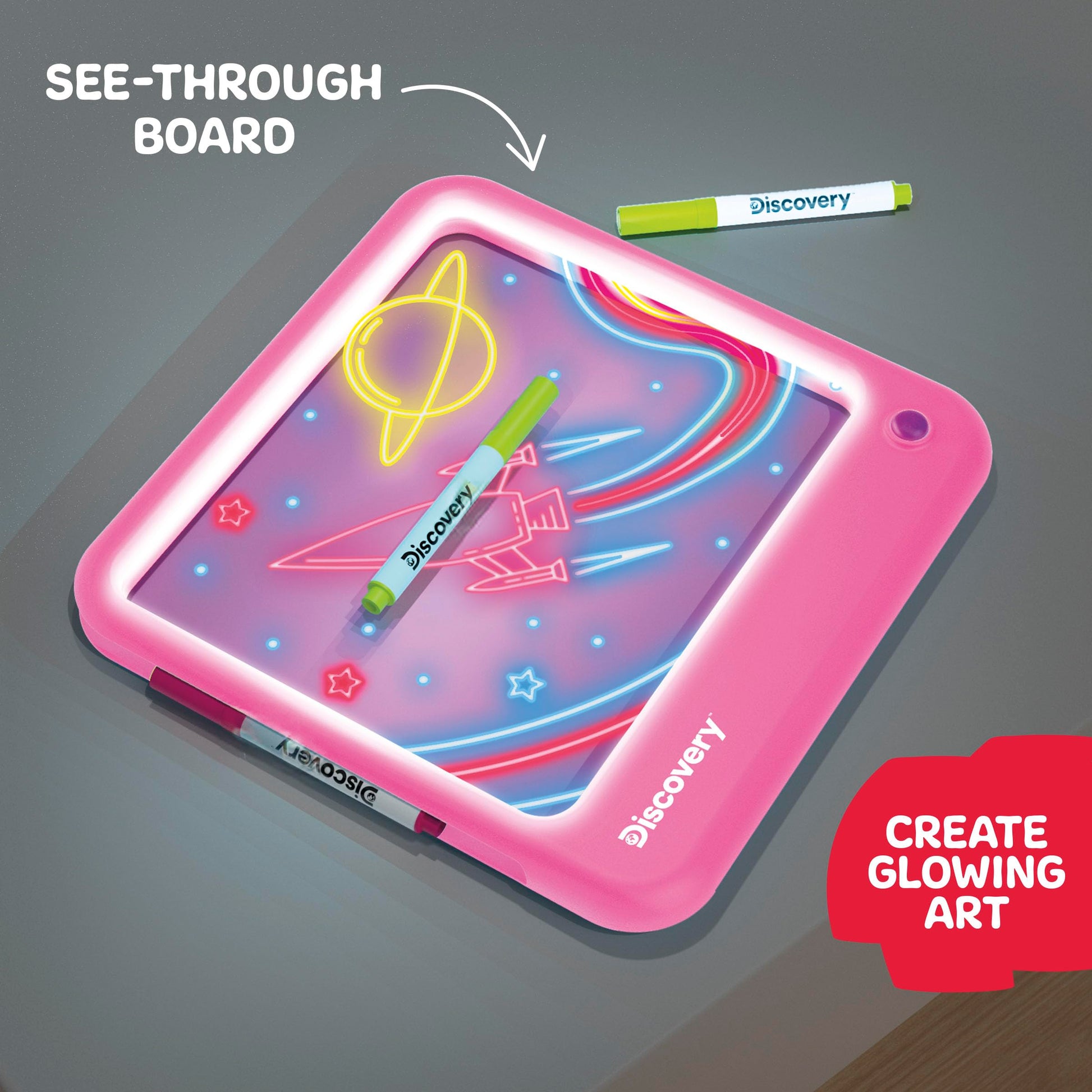 Discovery Neon Glow Drawing Board - LED Drawing Tablet for Kids| 8 Light Effects, 3 Washable Markers| Doodle Board Sketch Pad Art Kit| Built-in