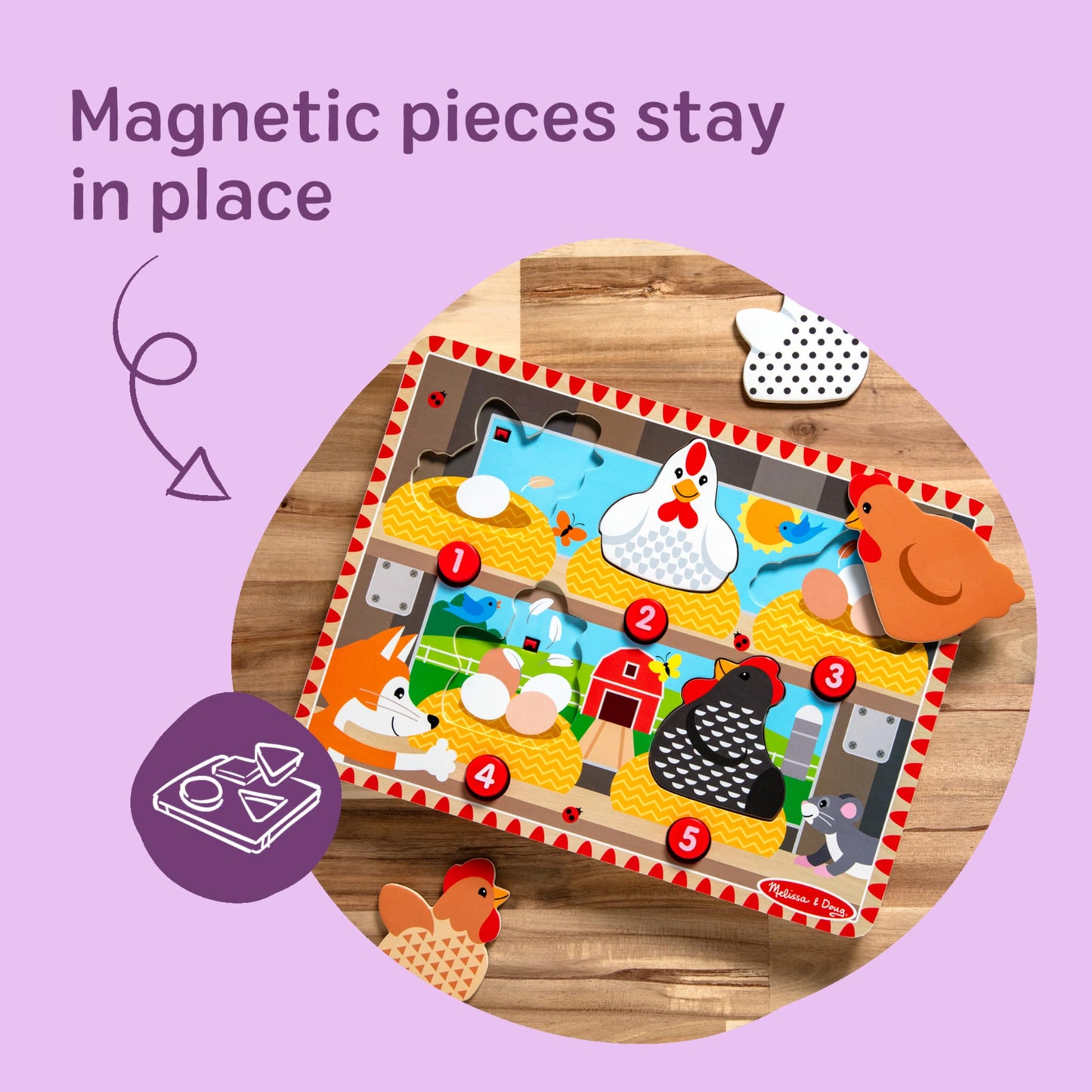 Melissa & Doug Happy Hens Push to Pop Wooden Puzzle, Montessori-Inspired Toddler Puzzles with Magnetic Pieces and Colorful Puzzle Board, Preschool