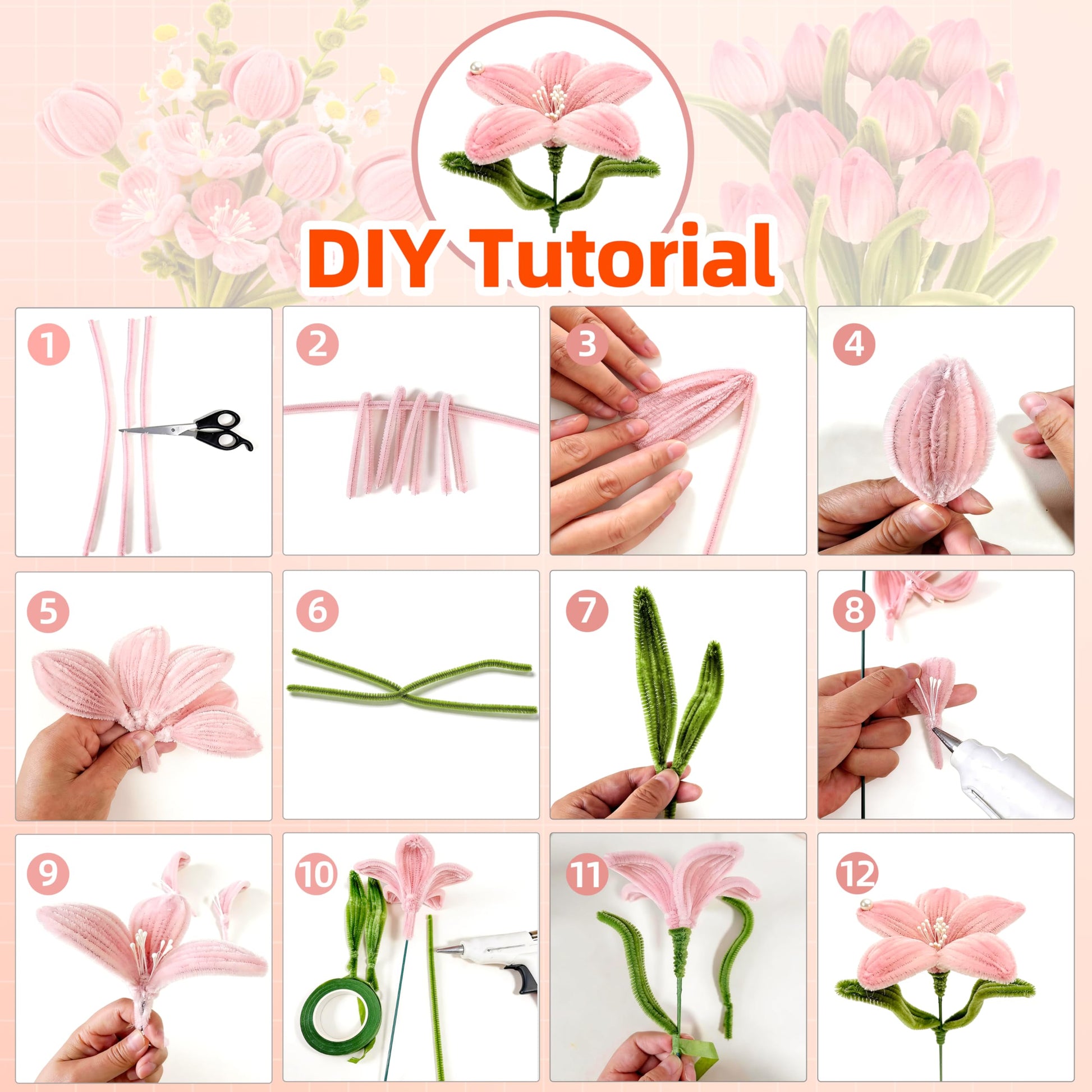 Ayuanb 900 PCS Pipe Cleaners Flowers Kit, Pipe Cleaners Craft with Handle, 14 Colors Chenille Stems with Floral Wires, Stamen, Wrapping Paper