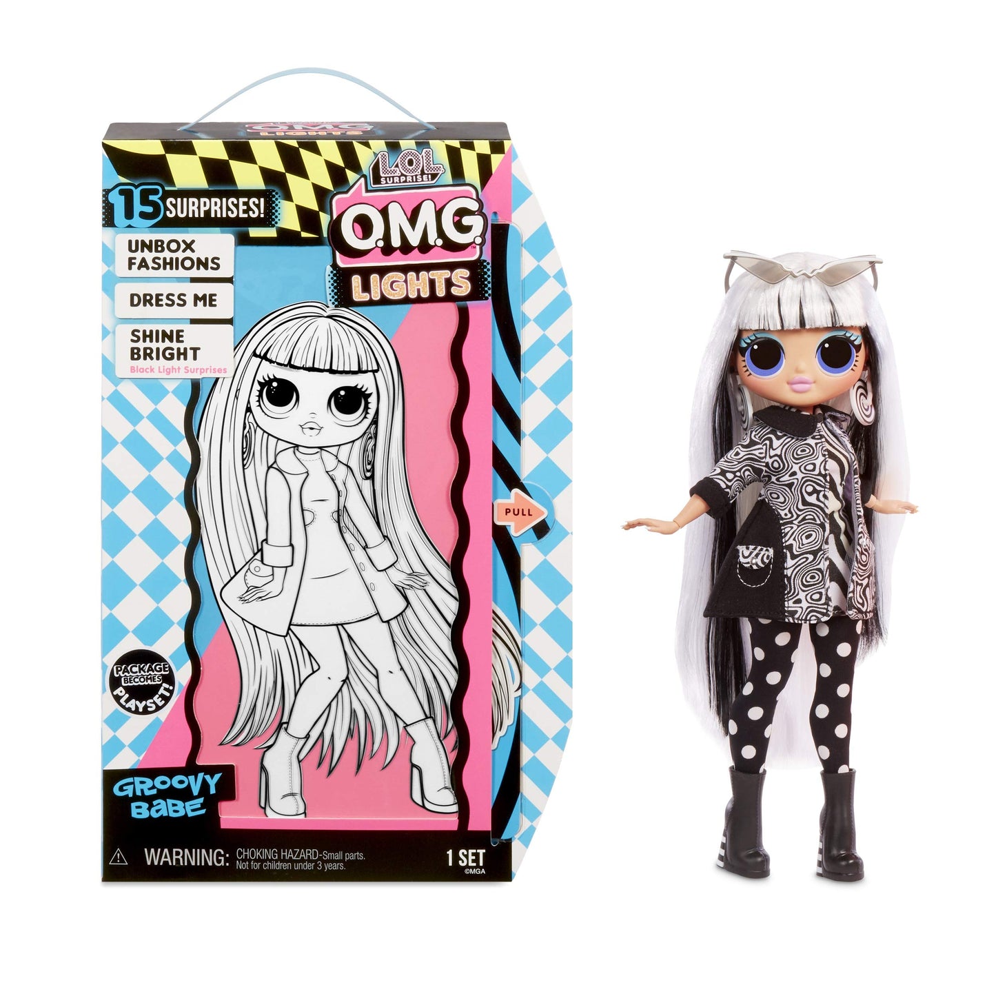 LOL Surprise OMG Lights Groovy Babe Fashion Doll with 15 Surprises Accessories Set | Includes Fashion Doll and Magic Black Light Surprises| for Girls