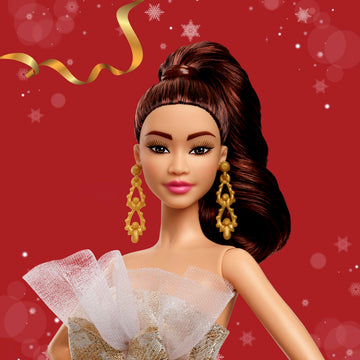 Barbie Signature 2025 Holiday Fashion Doll with Light Brown Hair Wearing Silver & Gold Gown, Seasonal Collectible Includes Displayable Packaging &