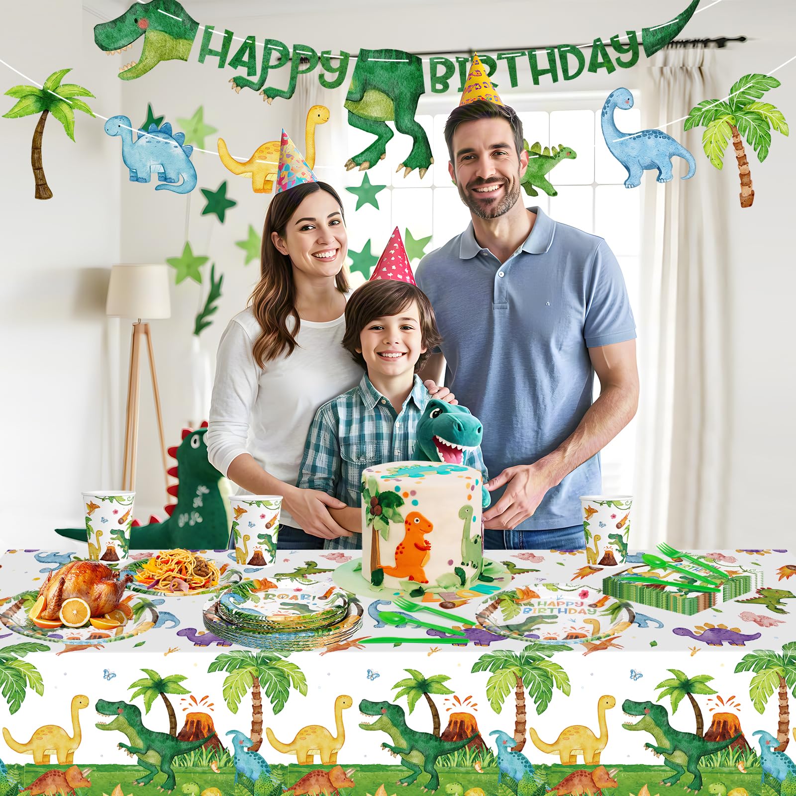 170 Pcs Dinosaur Birthday Decorations - Jungle Dino Party Supplies Sets, Includes Happy Birthday Dinner Plates Napkins, Flatware, Banners and Cups