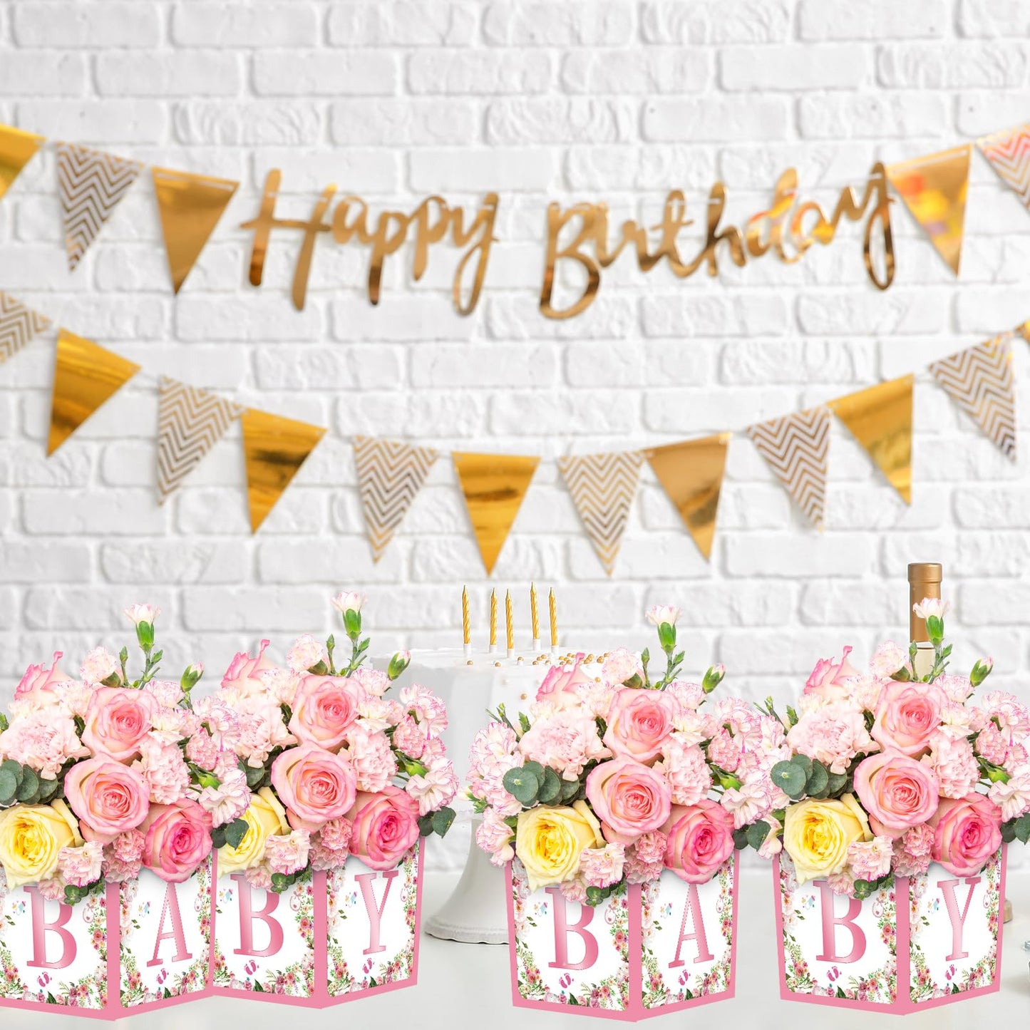 Jremreo 6 Pack 7x7x7 Inches Pink Floral Baby Shower Centerpiece Boxes with 'BABY' Letters, Perfect for Girl Baby Shower, Gender Reveal Party Favors