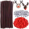 Cheeroyal Christmas Reindeer DIY Craft Set, Brown Pipe Cleaners Chenille Stems Fluffy Red Pom Poms and Googly Eyes Pack Christmas Rudolph Making Set