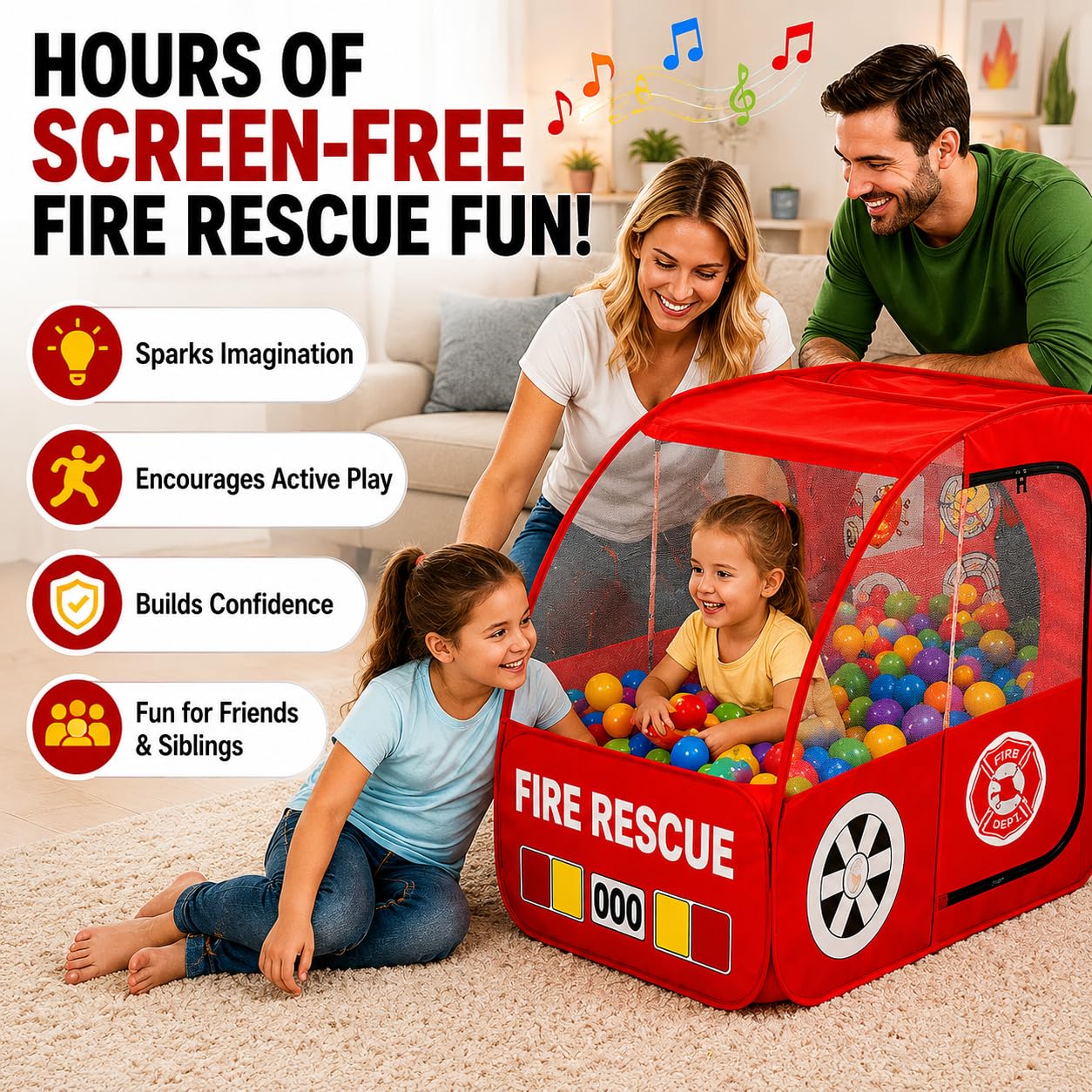Kiddey Fire Truck Play Tent for Kids - Firetruck Tents with Sirens and Fireman Sound Button for Girls, Boys, & Toddlers Gifts - Red Fire Engine Pop Up