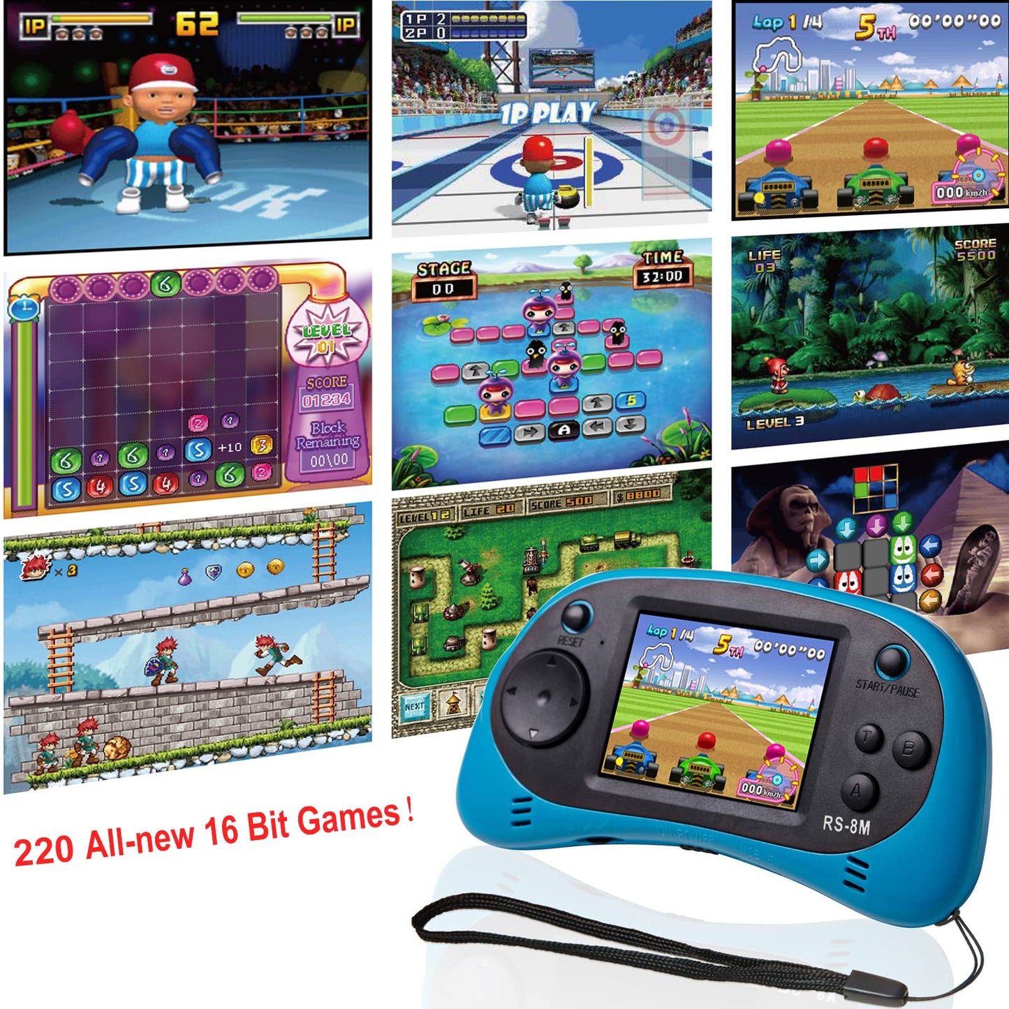 EASEGMER 16 Bit Kids Handheld Games Built-in 220 HD Video Games, 2.5 Inch Portable Game Player with Headphones - Best Travel Electronic Toys for Kids