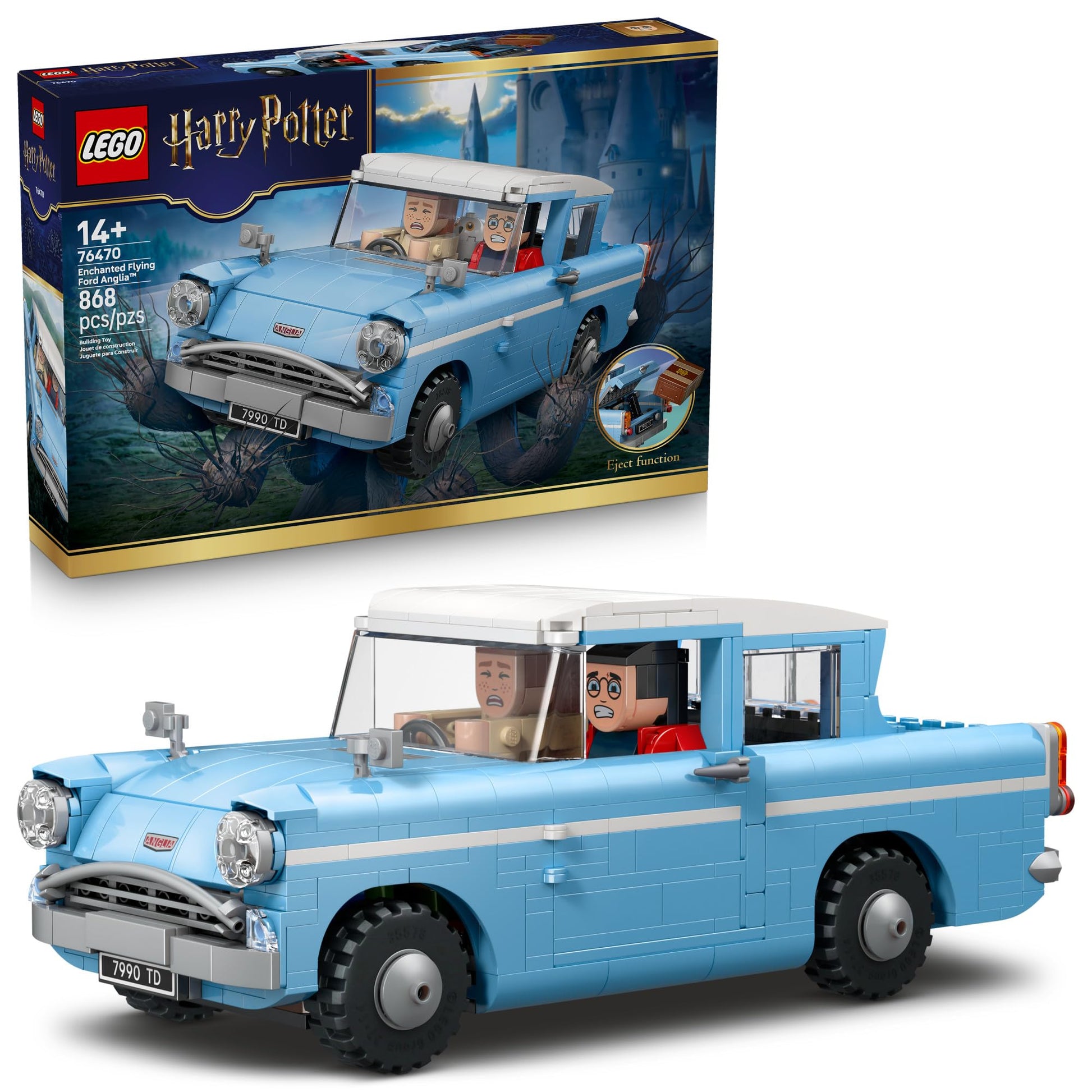 LEGO Harry Potter Enchanted Flying Ford Anglia Car Building Toy for Boys & Girls - Book Shelf & Bedroom Decor for Ages 14+ - W/Harry, Ron, & Hedwig