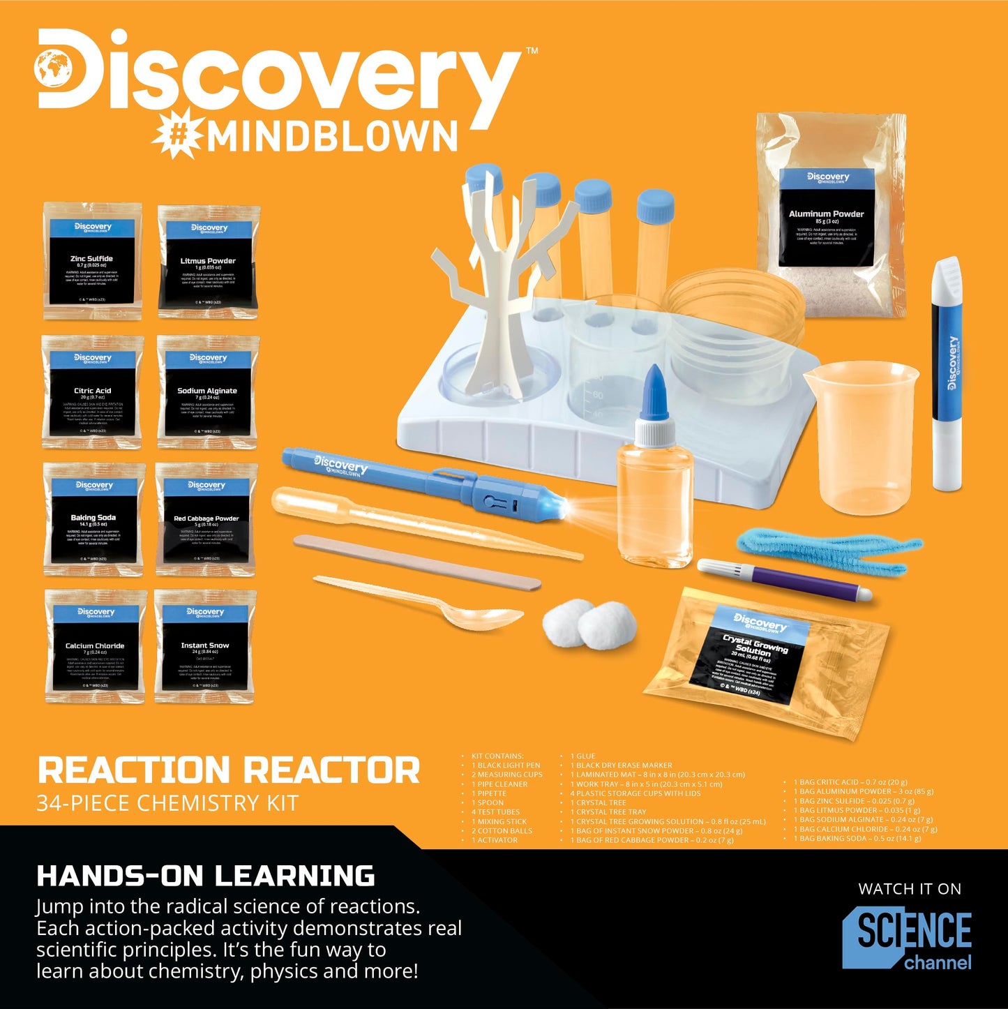 Discovery™ Reaction Lab Chemistry Set - 41 STEM Experiments for Kids| Includes Black Light Pen, Crystal Growing, Slime, Goo| Educational Learning Toy|