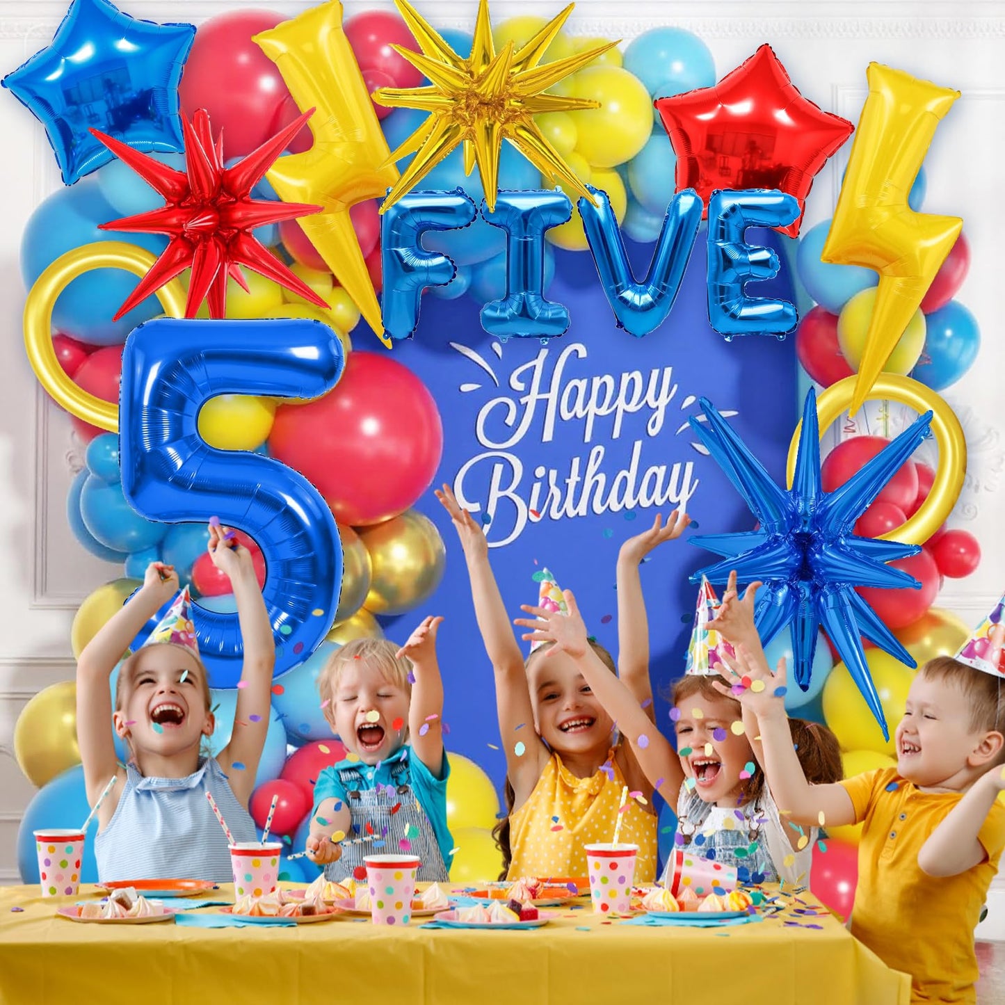 20pcs Cartoon Hedgehog Themed Party Decorations, Number 5 Red Blue Yellow Lightning Mylar Foil Birthday Balloons, 5th Boys Birthday Party Decorations
