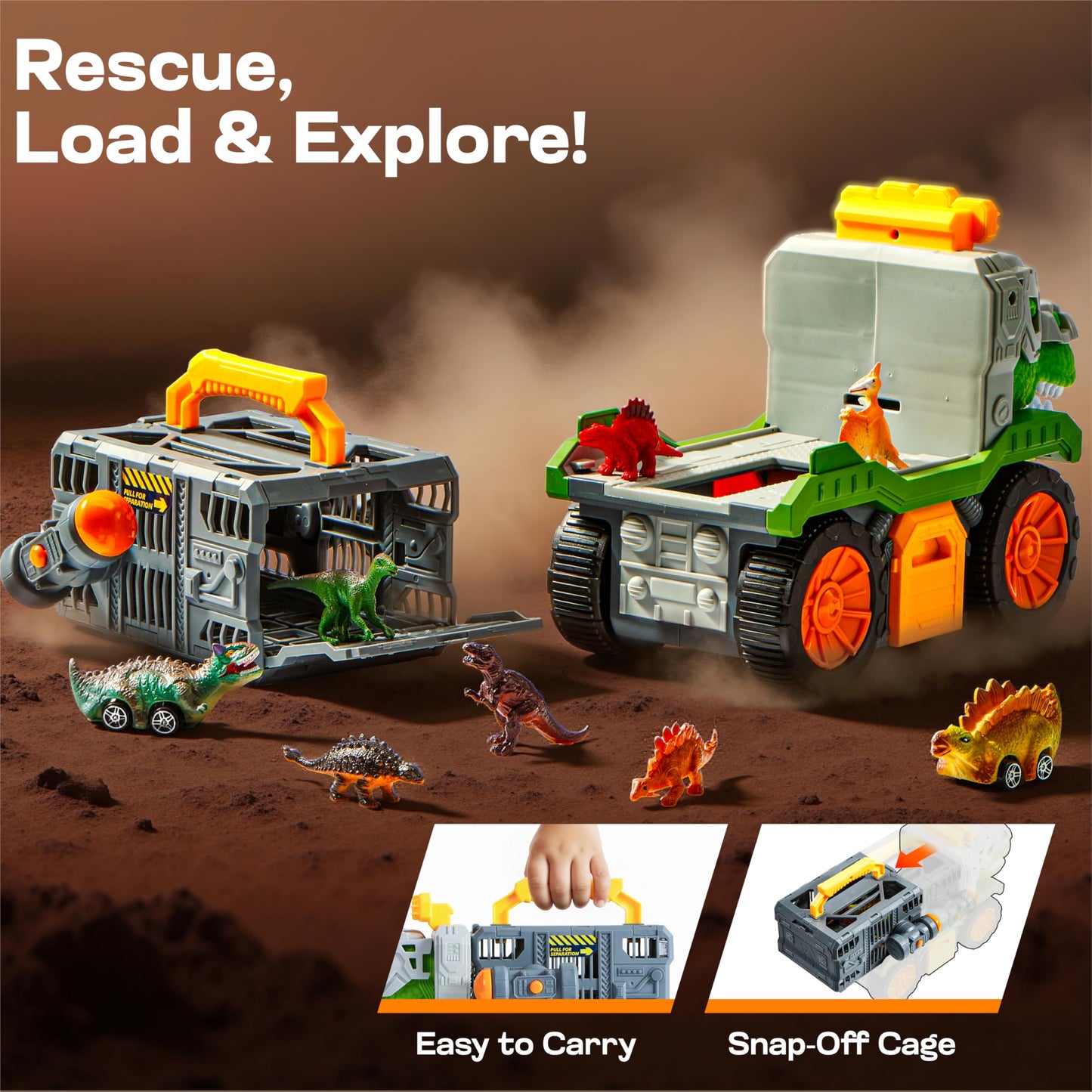 Vroomix JOVA Dinosaur Toys for Kids 3-5, Dinosaur Carrier Truck with 2 Pcs Cars and 6 Pcs Figures for Toddlers, T.Rex Truck with Launcher and Darts