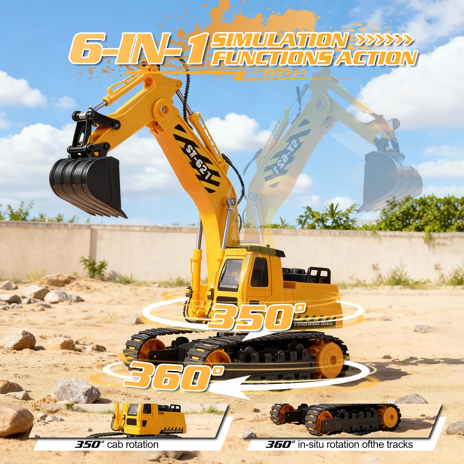 DOUBLE E Remote Control Excavator Toy, 2*Batteries 2.4GHz RC Excavator, 6-in-1 Digging/360° Rotation, 20M Range Sandbox Construction Toys Birthday