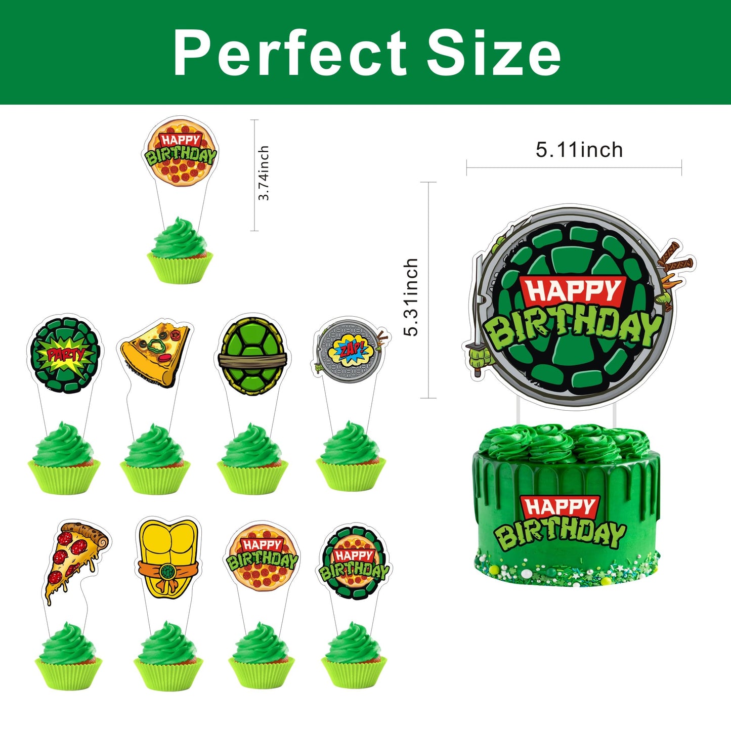 25pcs For Turtles Cartoon Birthday Decorations with 24pcs Cupcake Toppers, 1pcs Cake Topper for Birthday Party Supplies.