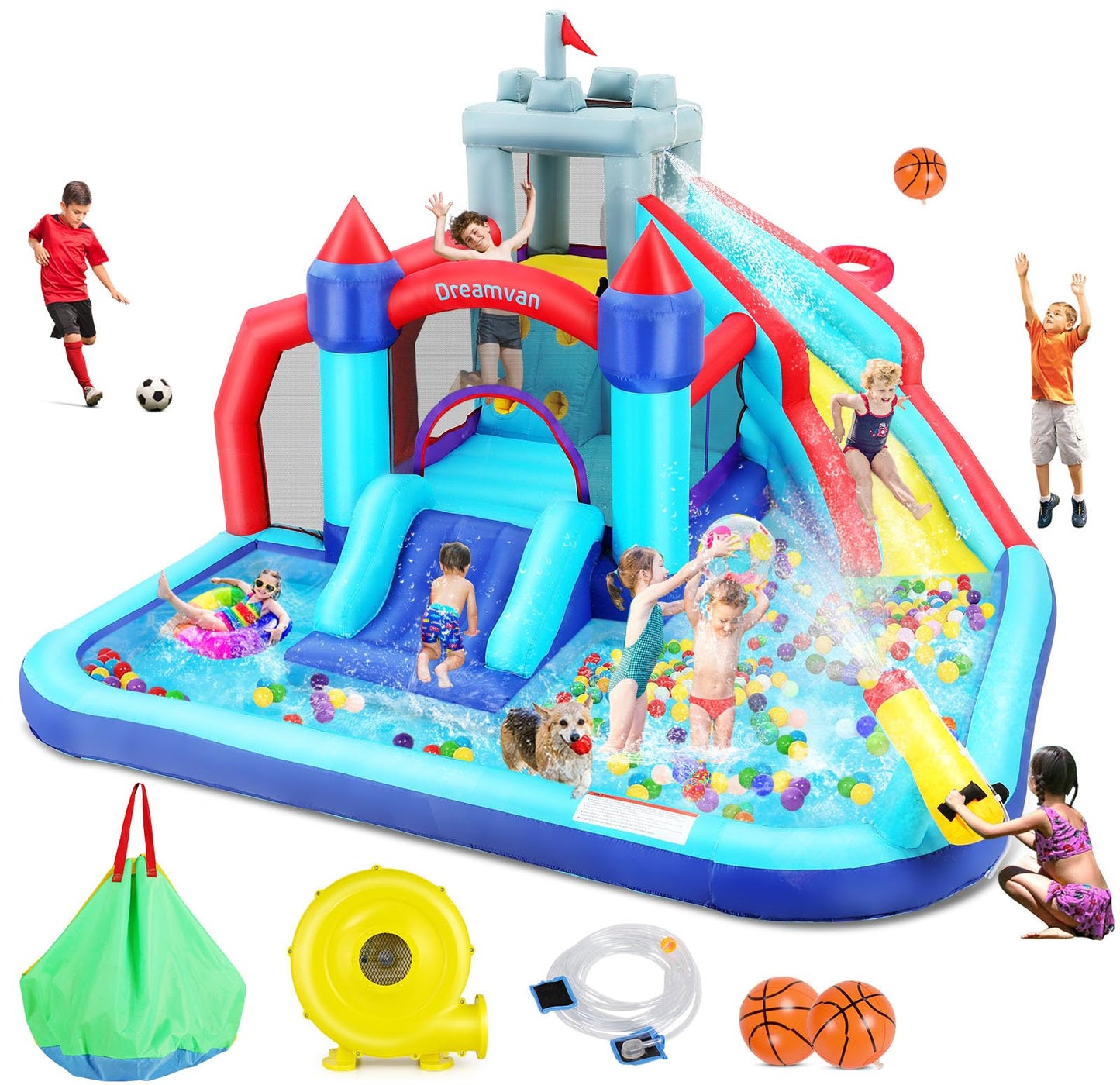 Wesoky Bounce House Water Slide for Kids, 10 in 1 Big Waterslide Inflatable Water Park with Splash Pool Long Slide Sprinkler Blower, Blow up Water