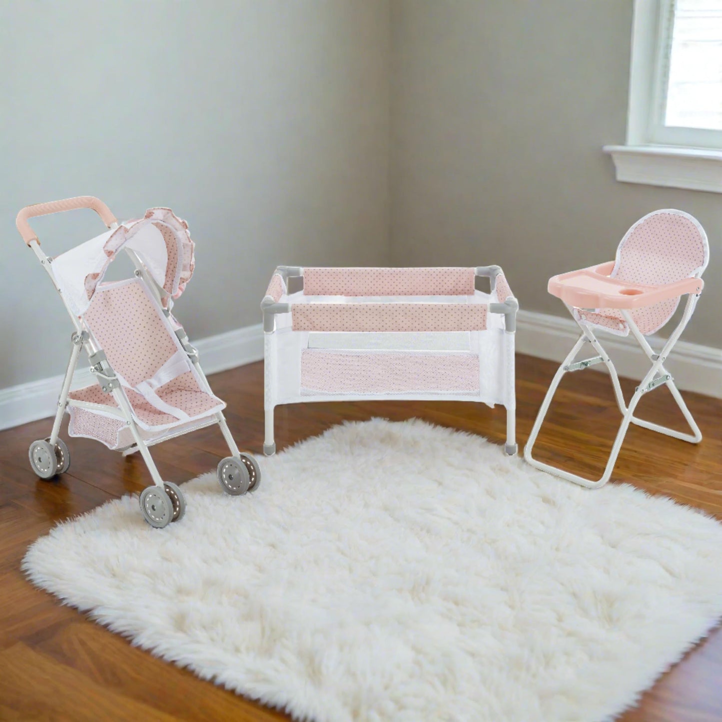 Olivia's Little World Polka Dot Princess Baby Doll 3pc Nursery Set - Crib, High Chair & Stroller, Pink & Gray