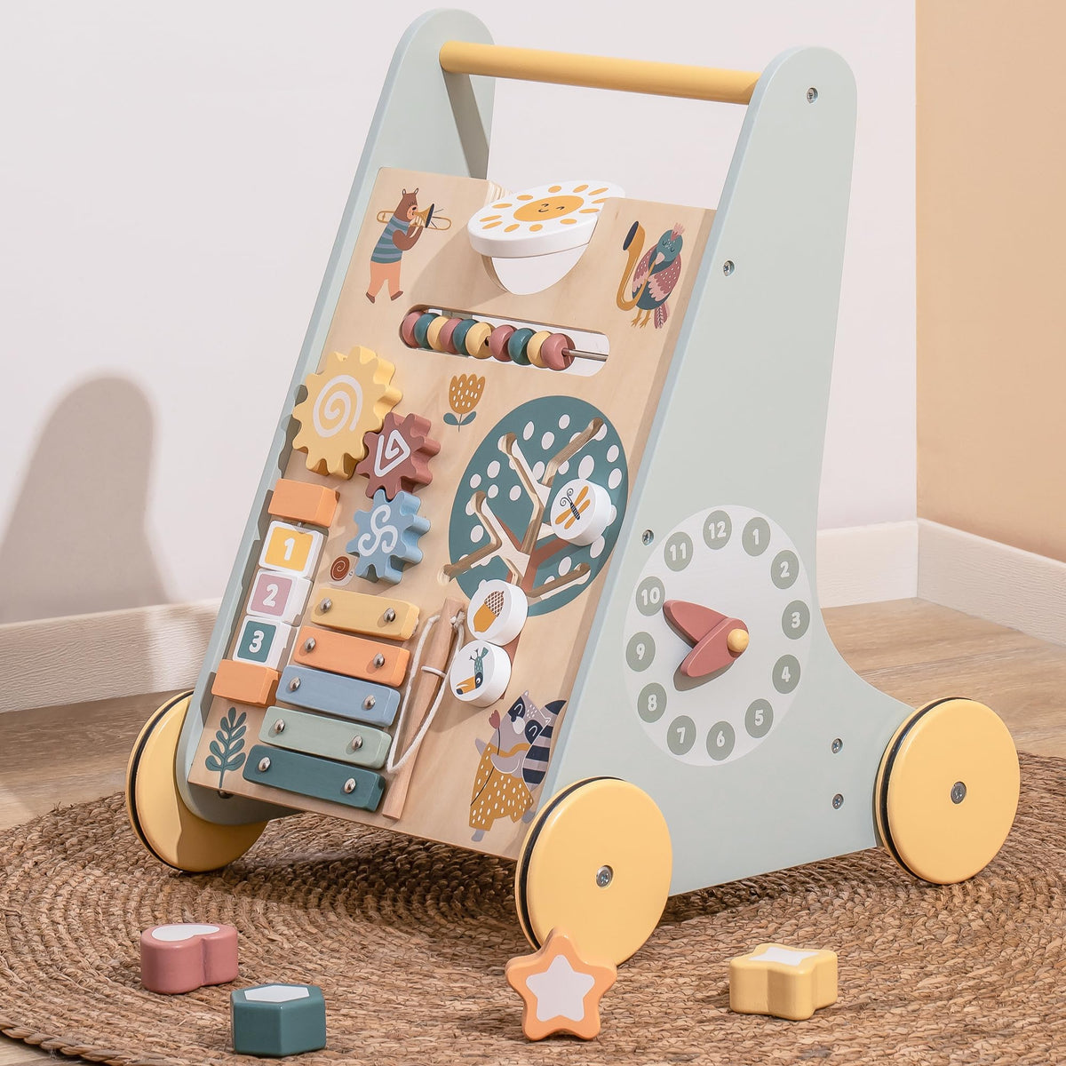 ROBOTIME Wooden Baby Walker, Wooden Push Walker with Wheels, Montessori Push Toys for Babies Learning to Walk, Baby Walkers Activity Center for Boys