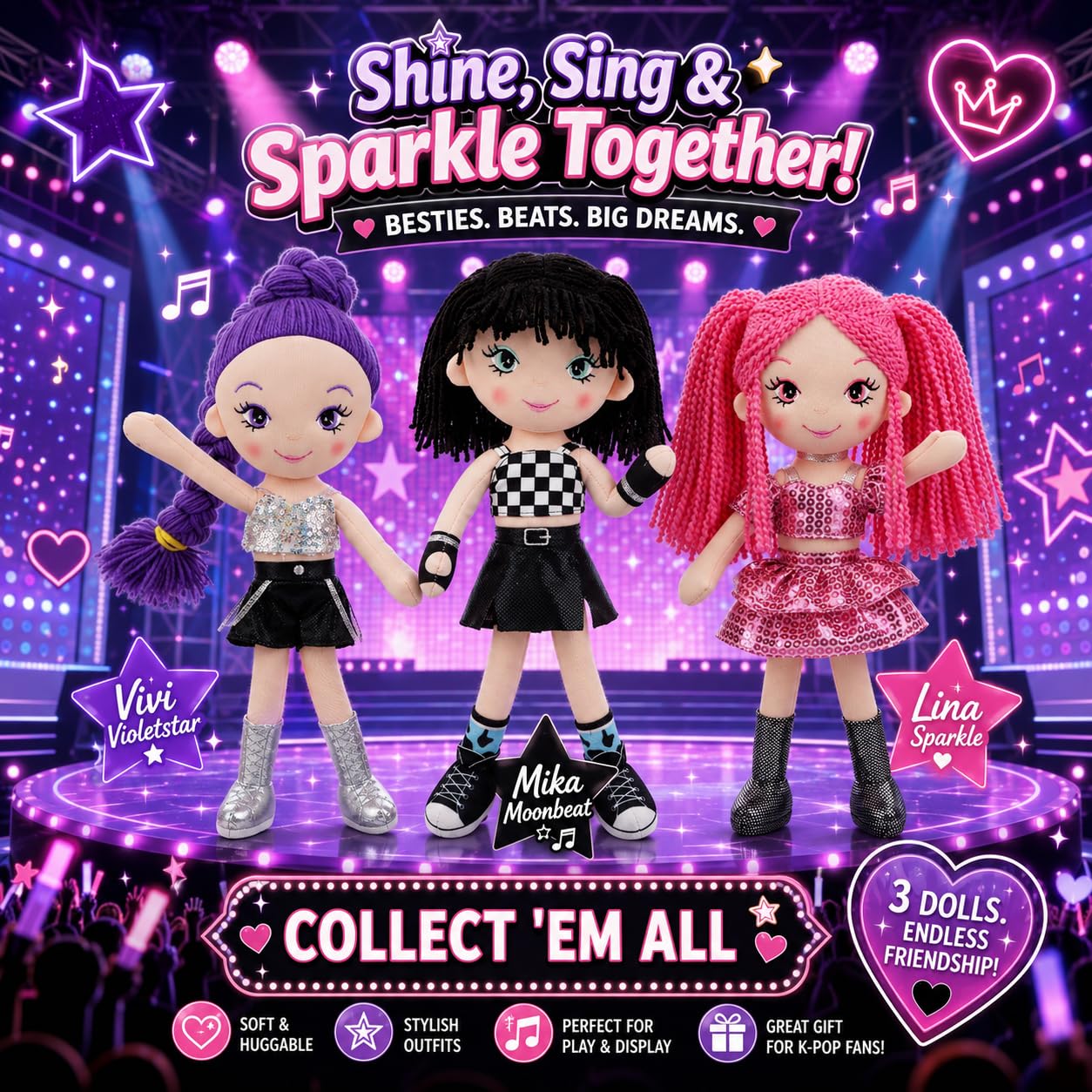June Garden Lina Sparkle 15" Kpop Inspired Plush Doll - Pink Yarn Hair Soft Doll with Sparkly Pop Star Outfit, Pretend Play Fashion Doll Gift