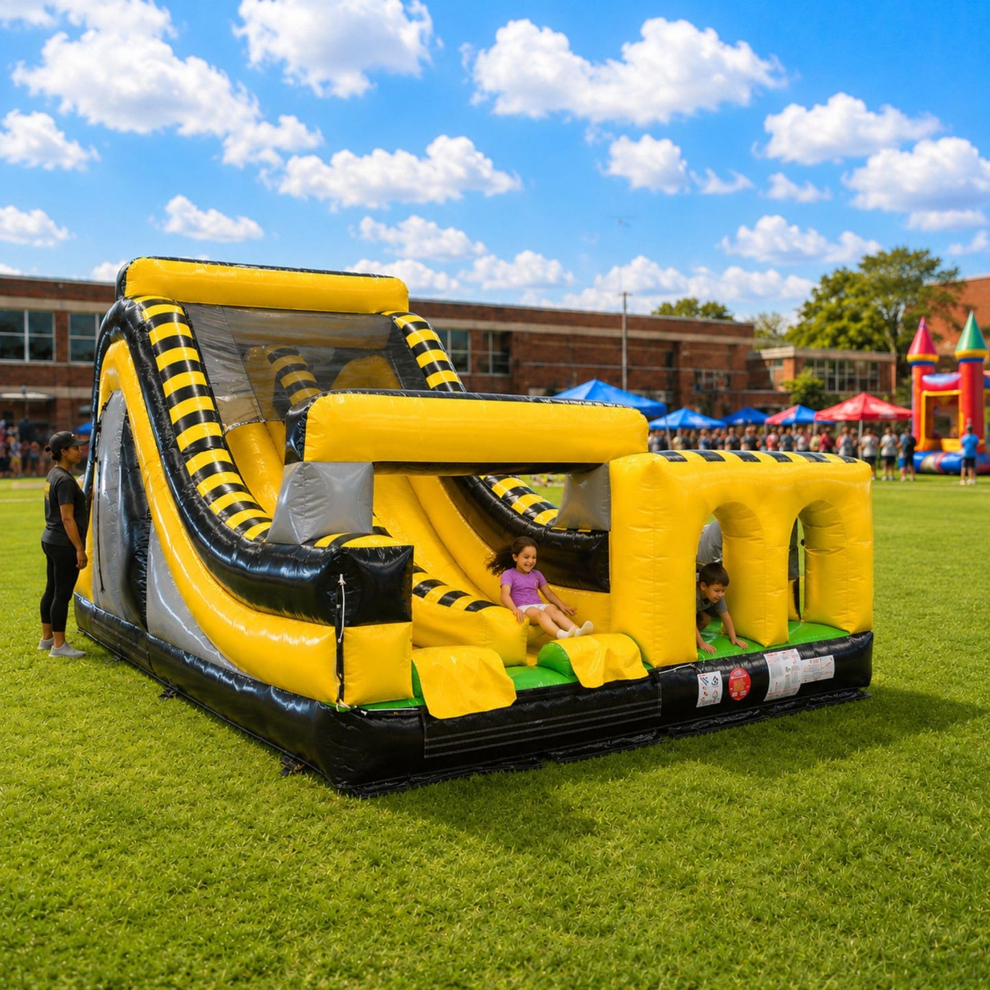 Radical Run Inflatable Obstacle Course with Climbing Wall - Venom Yellow and Black - 29' L x 18' W x 15' H - Commercial Grade Interactive Bounce House