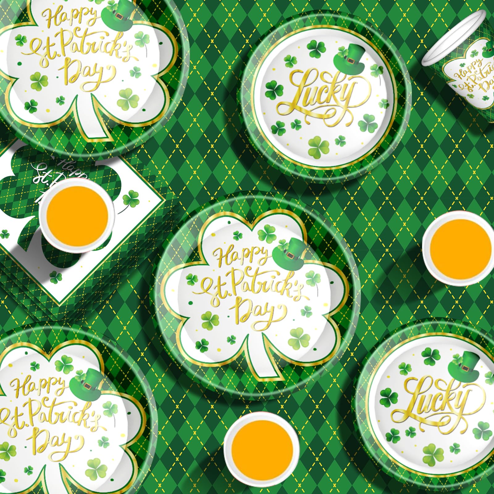 St. Patrick's Day Party Supplies Tableware Set Irish Themed Tableware with Lucky Shamrock Paper Plates Napkins Cups Tablecloth Banner for St