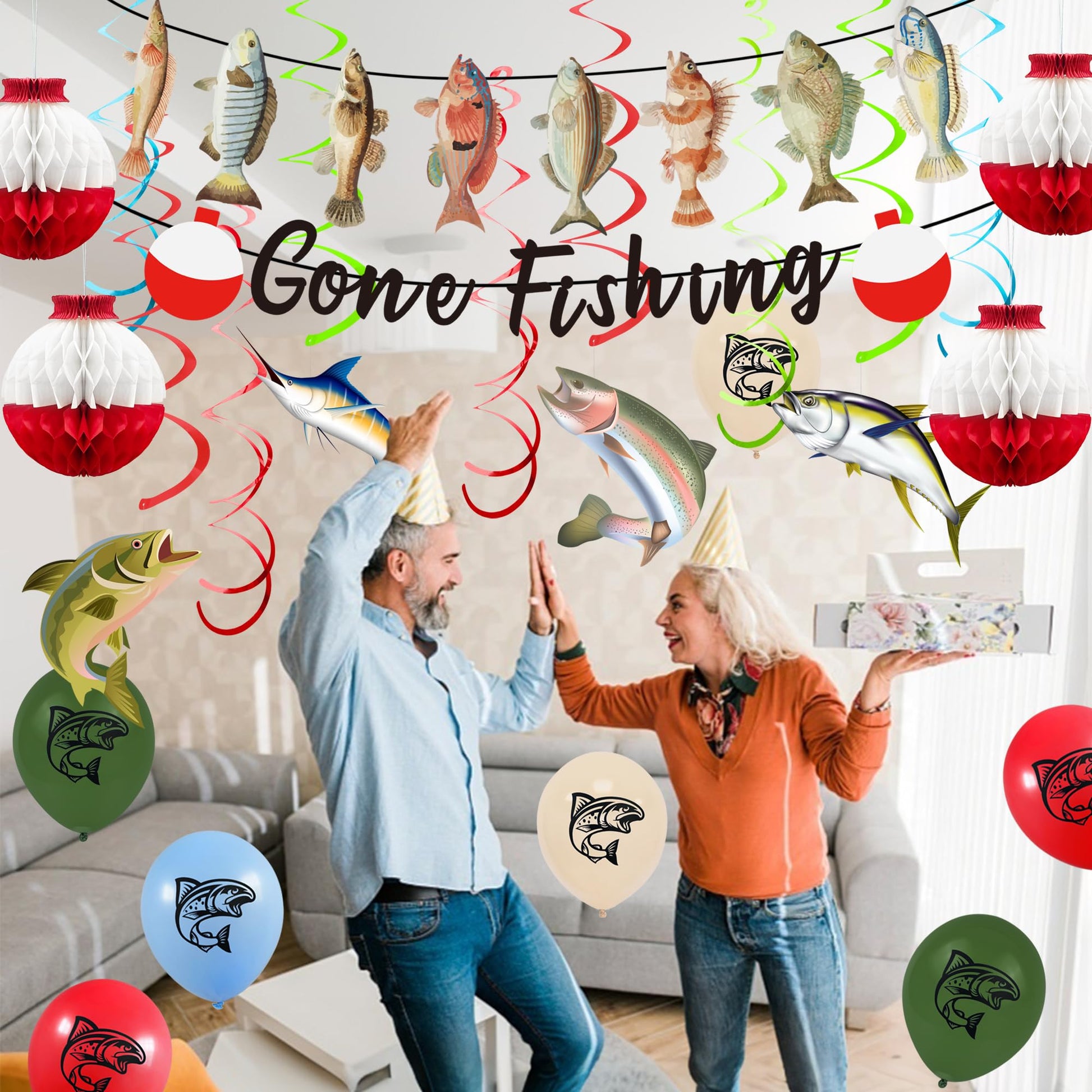 Gone Fishing Party Decorations Kit Include Hanging Banner Swirl Balloons (Gone Fishing)