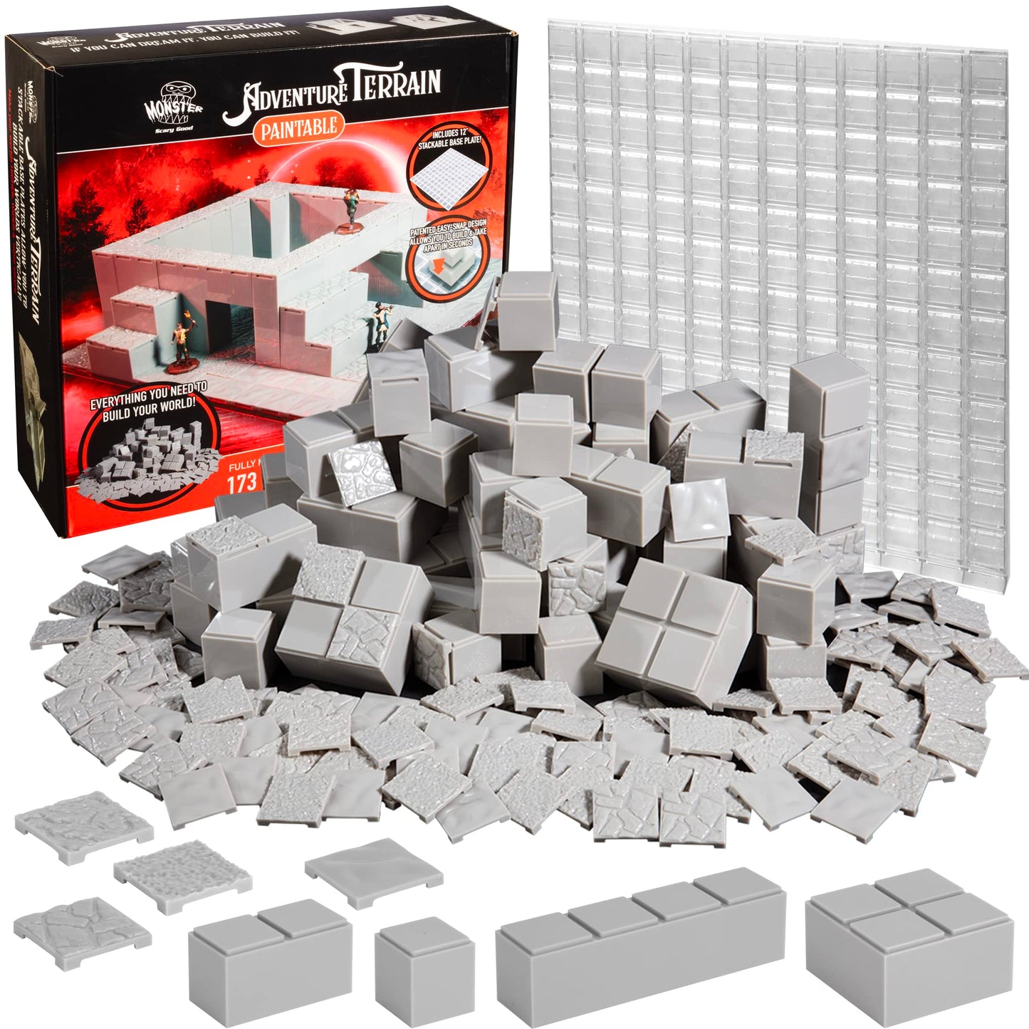 Monster Adventure Terrain 3D Interchangeable Builder System - 173pc PAINTABLE Core Building Set w Base - Build Modular Worlds in a Snap & Elevate Your