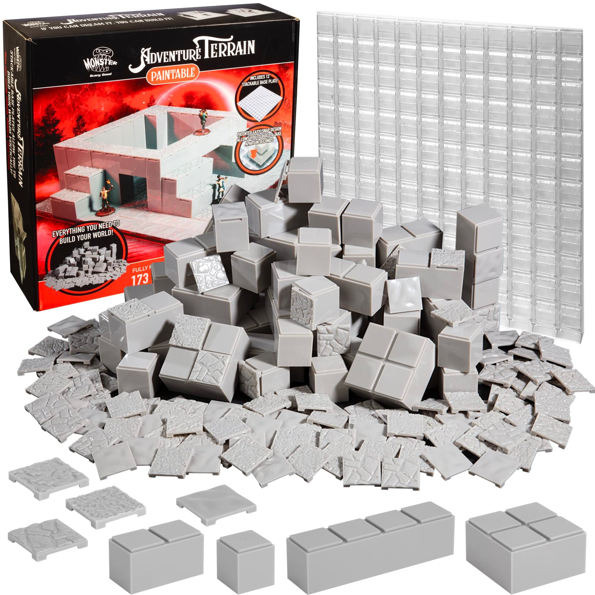 Monster Adventure Terrain 3D Interchangeable Builder System - 173pc PAINTABLE Core Building Set w Base - Build Modular Worlds in a Snap & Elevate Your