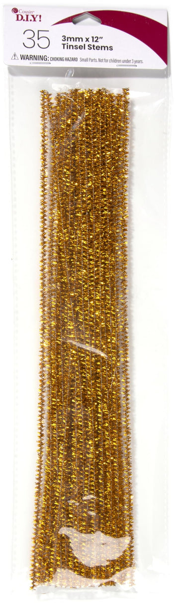 Gold Tinsel Stems, 3mm x 12 inch, 35 Pack