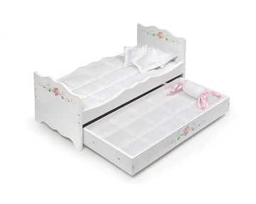 Badger Basket Doll Bed with Trundle and Bedding - Elegant White and Rose Bed for 18 to 20-Inch Dolls with Deluxe Mats and Pillows