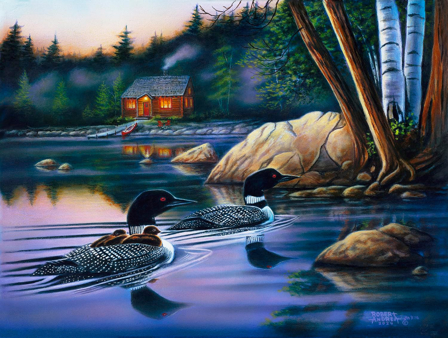 SUNSOUT INC - Backwater Loons - 500 pc Jigsaw Puzzle by Artist: Robert Andrea - Finished Size 18" x 24" - MPN# 60852