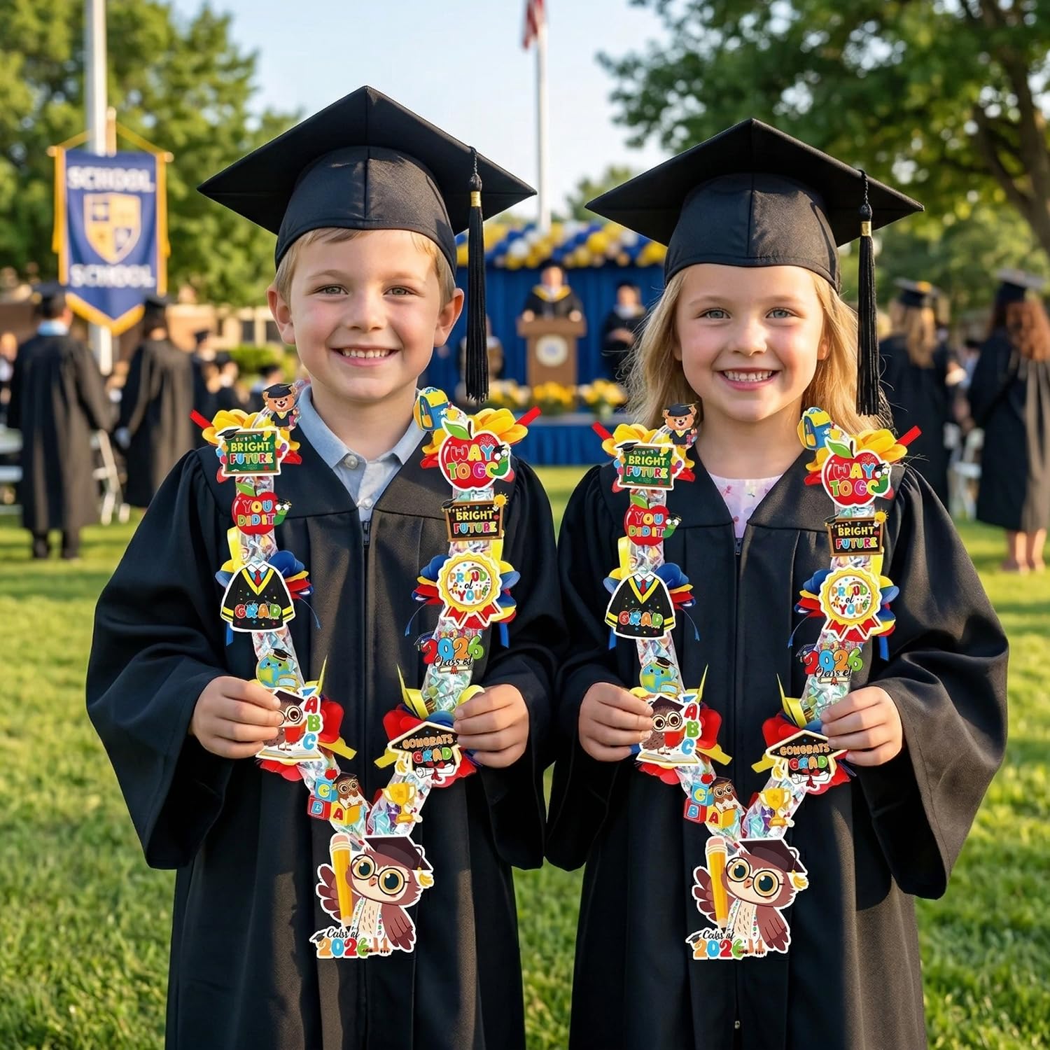 Silkovahamd Kindergarten Graduation Leis 2026 - Candy Lei Making Kit, 6 Clear Candy Tubing Bags 18 Paper Cards 3 Ribbon Rolls 6 Pack Stickers 48