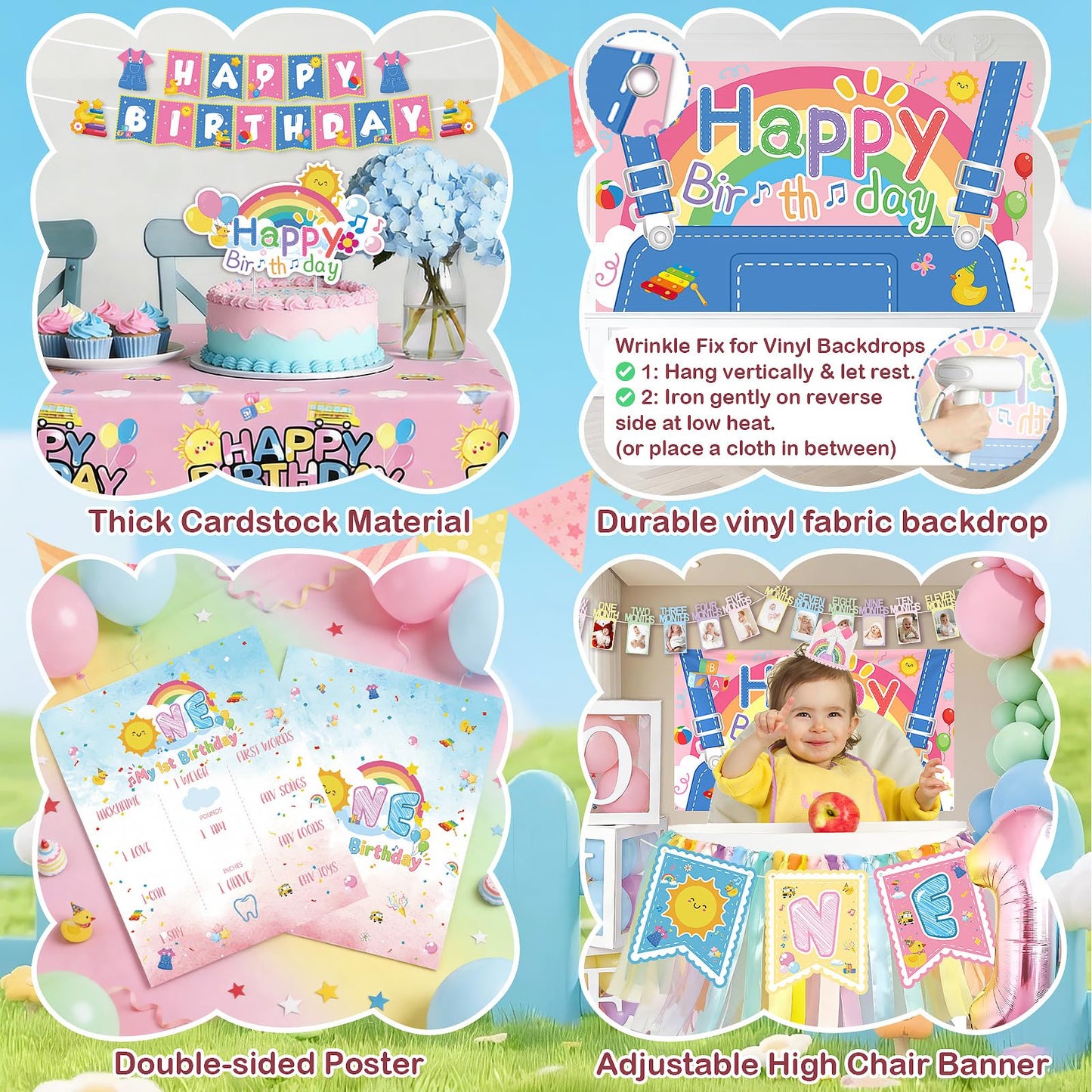 135 pcs Rachell English Teacher Party Supplies, 1st Birthday Decorations Girl & Boy, Photo Banner Balloons Poster Crown High Chair Banner Cake Topper