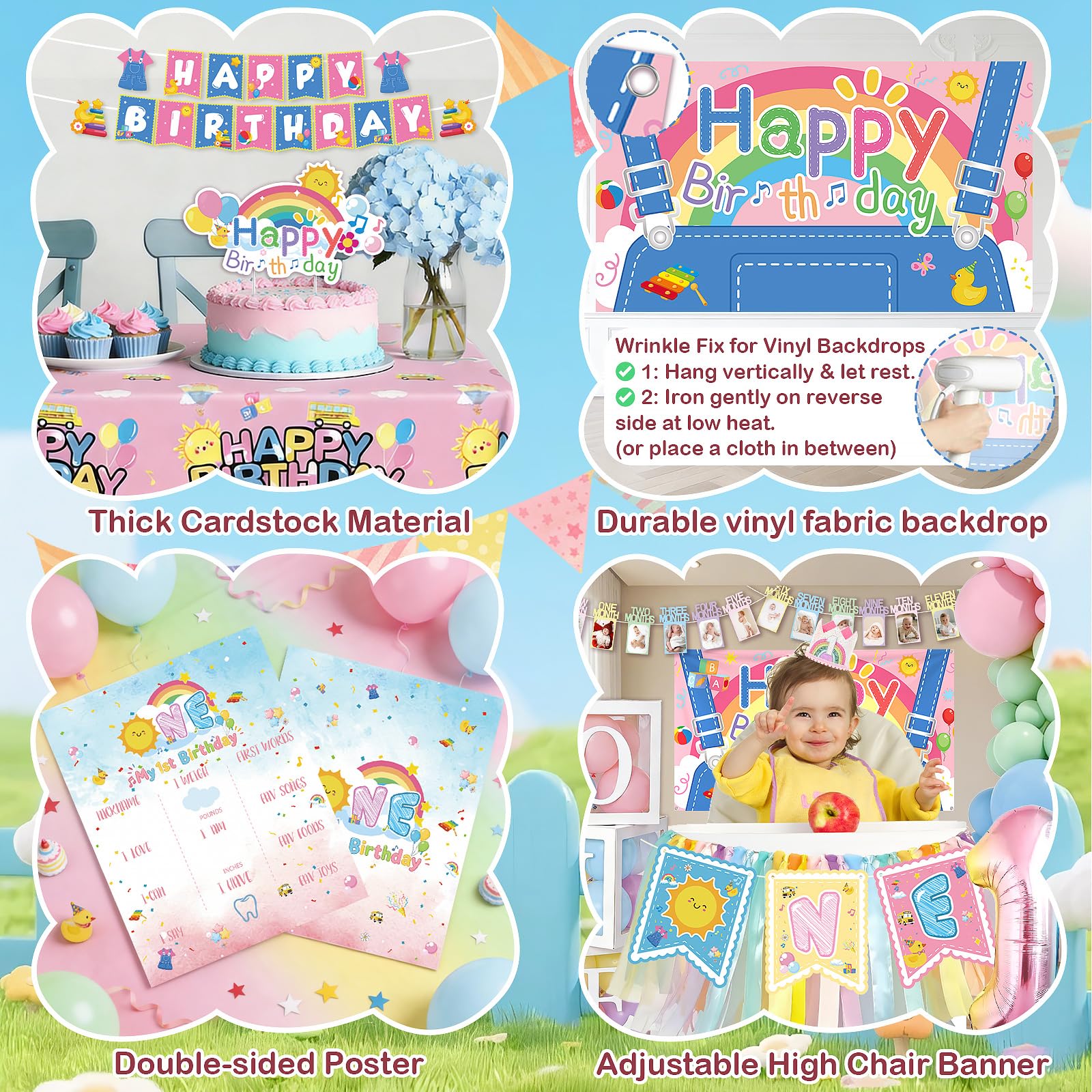 135 pcs Rachell English Teacher Party Supplies, 1st Birthday Decorations Girl & Boy, Photo Banner Balloons Poster Crown High Chair Banner Cake Topper
