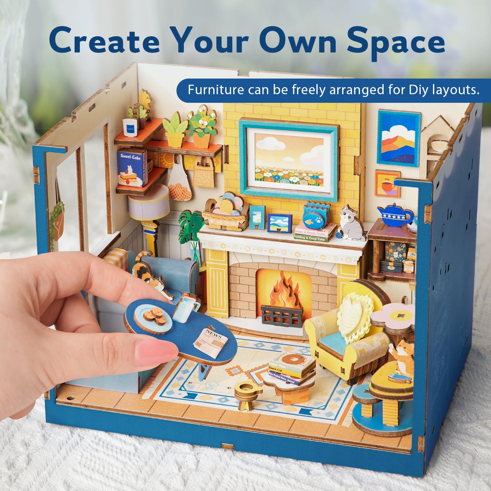 DIY Miniature House Kits-Living Room, 3D Wooden Puzzles with LED Light Tiny House Mini House Building Kit for Adults, Wooden Adults Crafts Home Decor