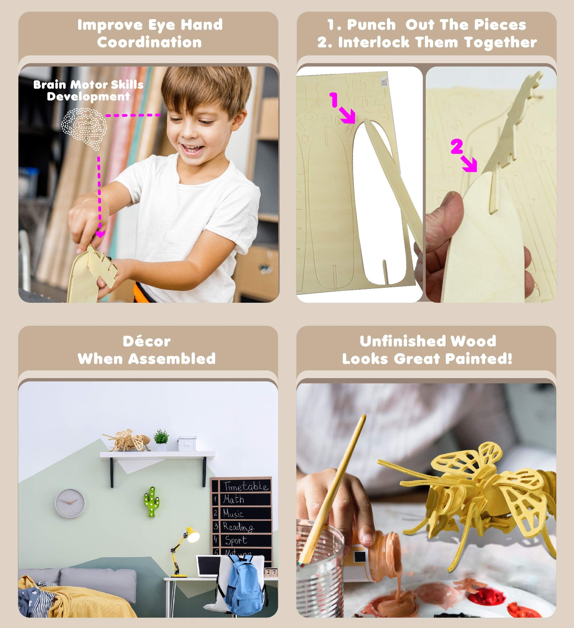 Puzzled 3D Puzzle Honeybee Wood Craft Construction Model Kit, Unique & Educational DIY Wooden Insect Toy Assemble Bee Model Unfinished Crafting Hobby