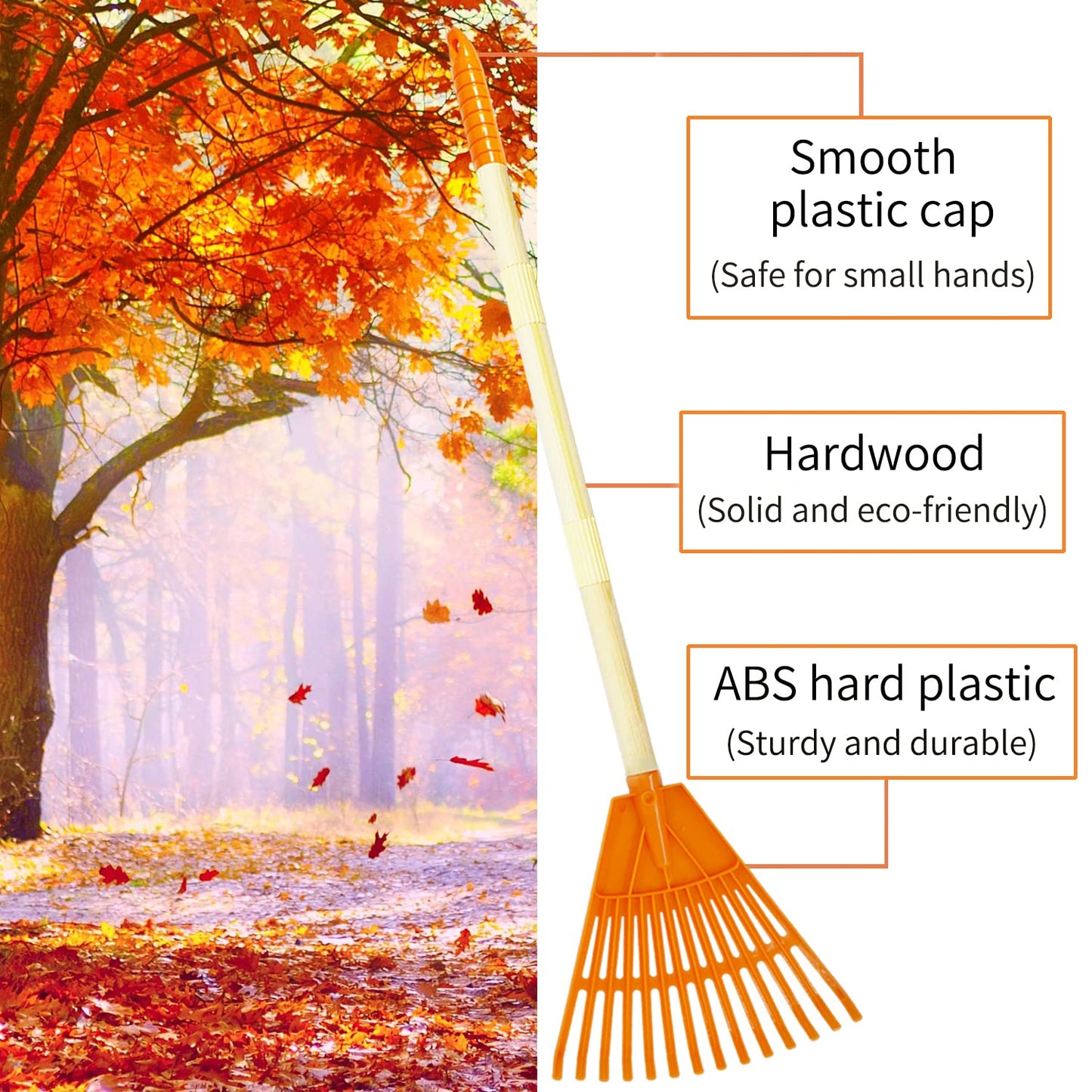 CHEERBANK 4Pcs Kid Rakes, 31" Child Size Plastic Lawn Rakes for Leaves Wooden Handle, Great Gardening Tools Gifts for Boys Girls Age 3 Year Old and Up