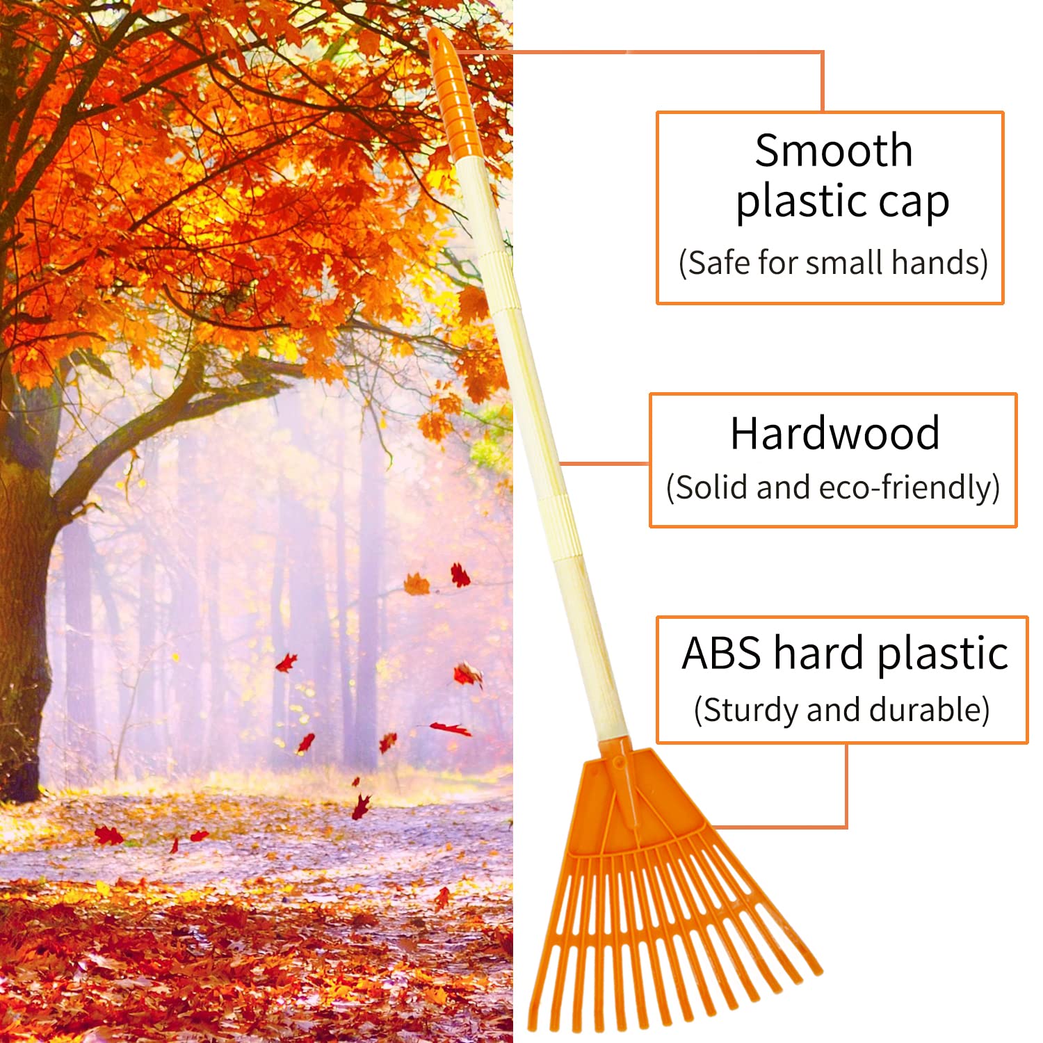 CHEERBANK 4Pcs Kid Rakes, 31" Child Size Plastic Lawn Rakes for Leaves Wooden Handle, Great Gardening Tools Gifts for Boys Girls Age 3 Year Old and Up