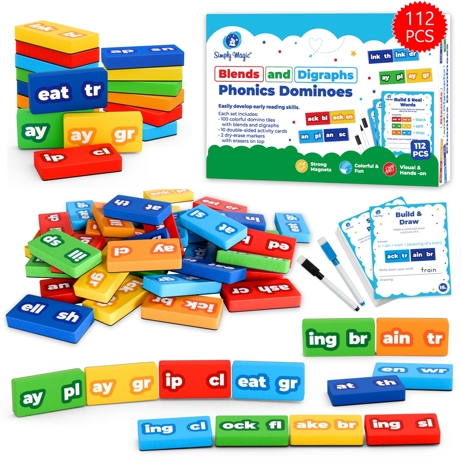 Simply Magic 122 PCS Magnetic Phonics Dominoes - Blends and Digraphs, Phonics Games for Kids, Phonics Manipulatives, Phonics Magnetic Letter Tiles