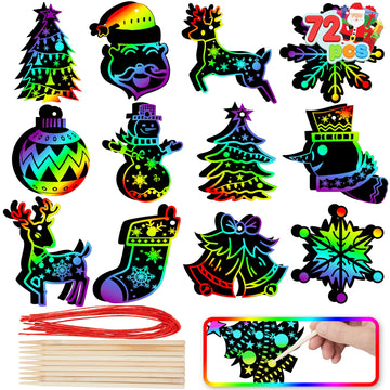 JOYIN 72 Pcs Christmas Scratch Art Ornaments, Scratch Paper Craft Kit Include Snowman, Snowflakes, Christmas Tree, and Reindeer, Rainbow Color Scratch