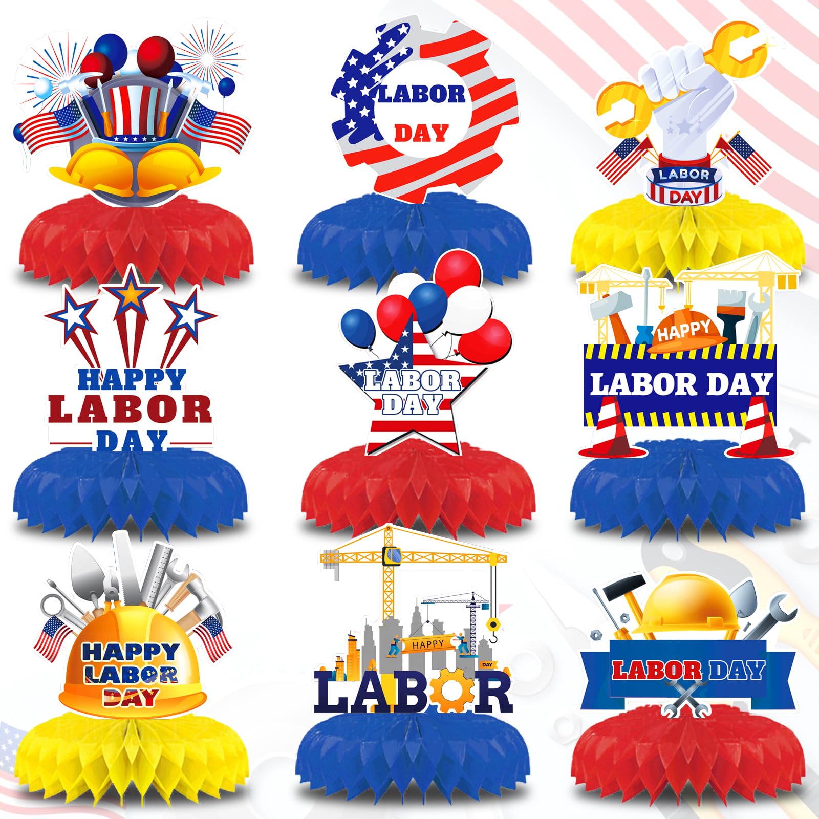 ABTOLS 9pcs Labor Day Party Decorations 3D Labor Day Honeycomb Centerpiece for Patriotic Party Decorations, Happy Labor Day Honeycomb Centerpieces