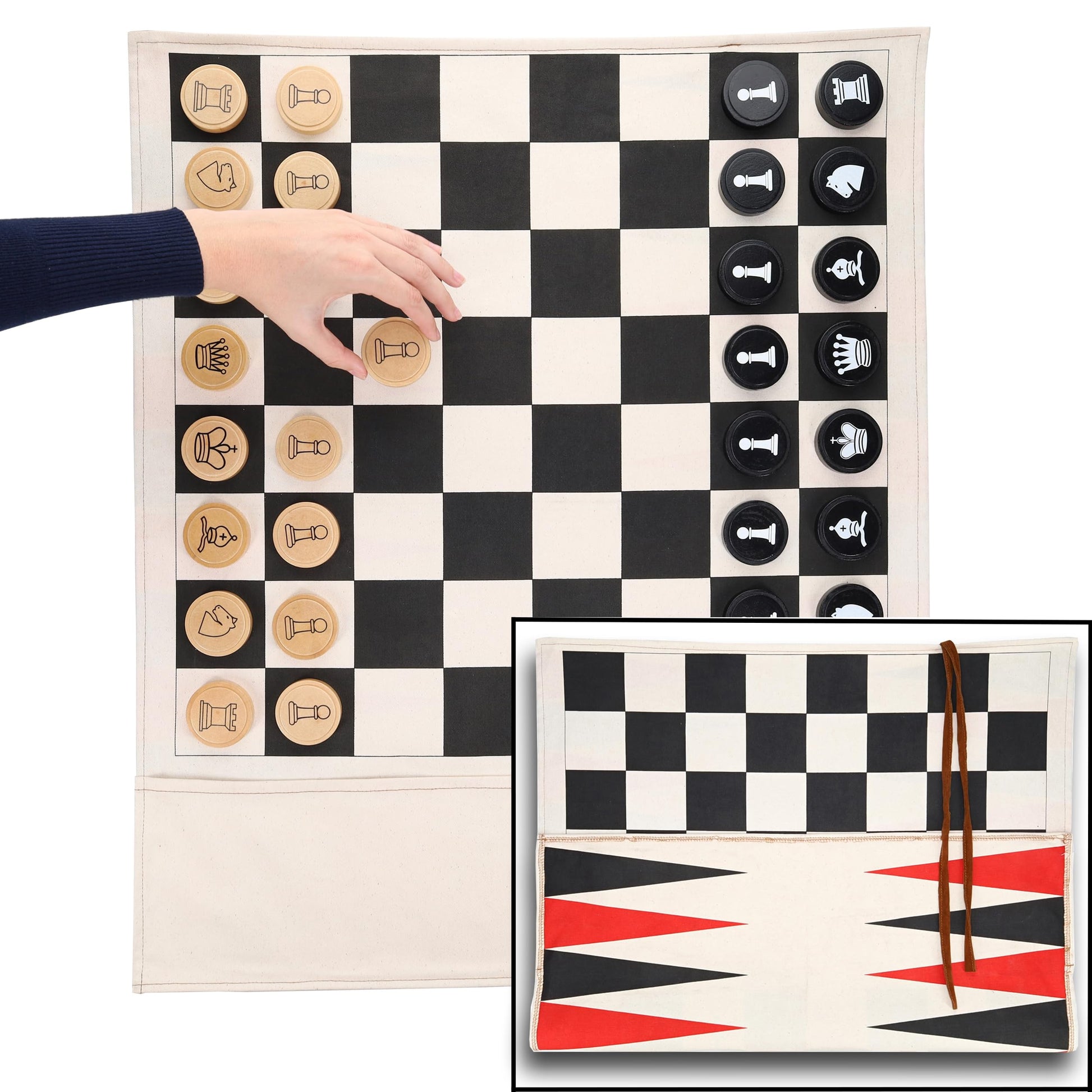 Pacific Shore Games Cloth Rollup Travel Chess, Checkers and Backgammon Game Set