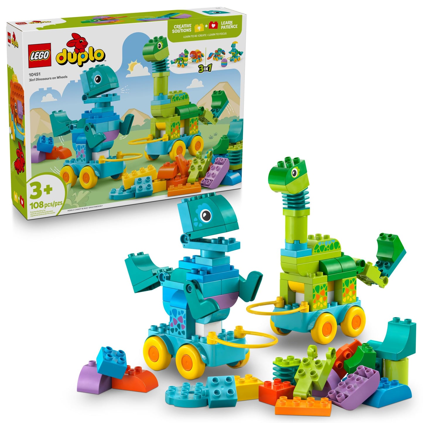 LEGO DUPLO Town 3 in 1 Dinosaurs on Wheels Learning Toy for Toddler Boys & Girls, Ages 3+ - Building & Education Play Set Teaches Problem-Solving