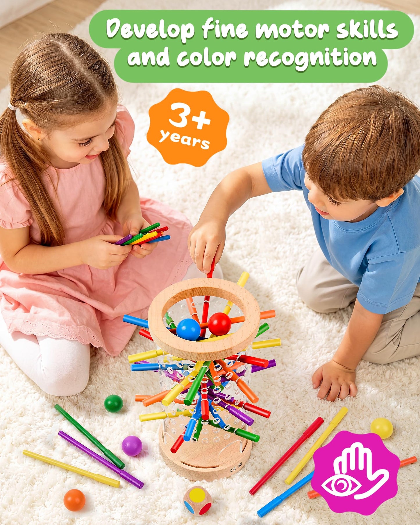 Montessori Wooden Board Games for Kids Ages 4-8, 42 Wooden Sticks Game Quick Setup, Board Games for Kids 4-6, Fine Motor Skills Toy Montessori Toys