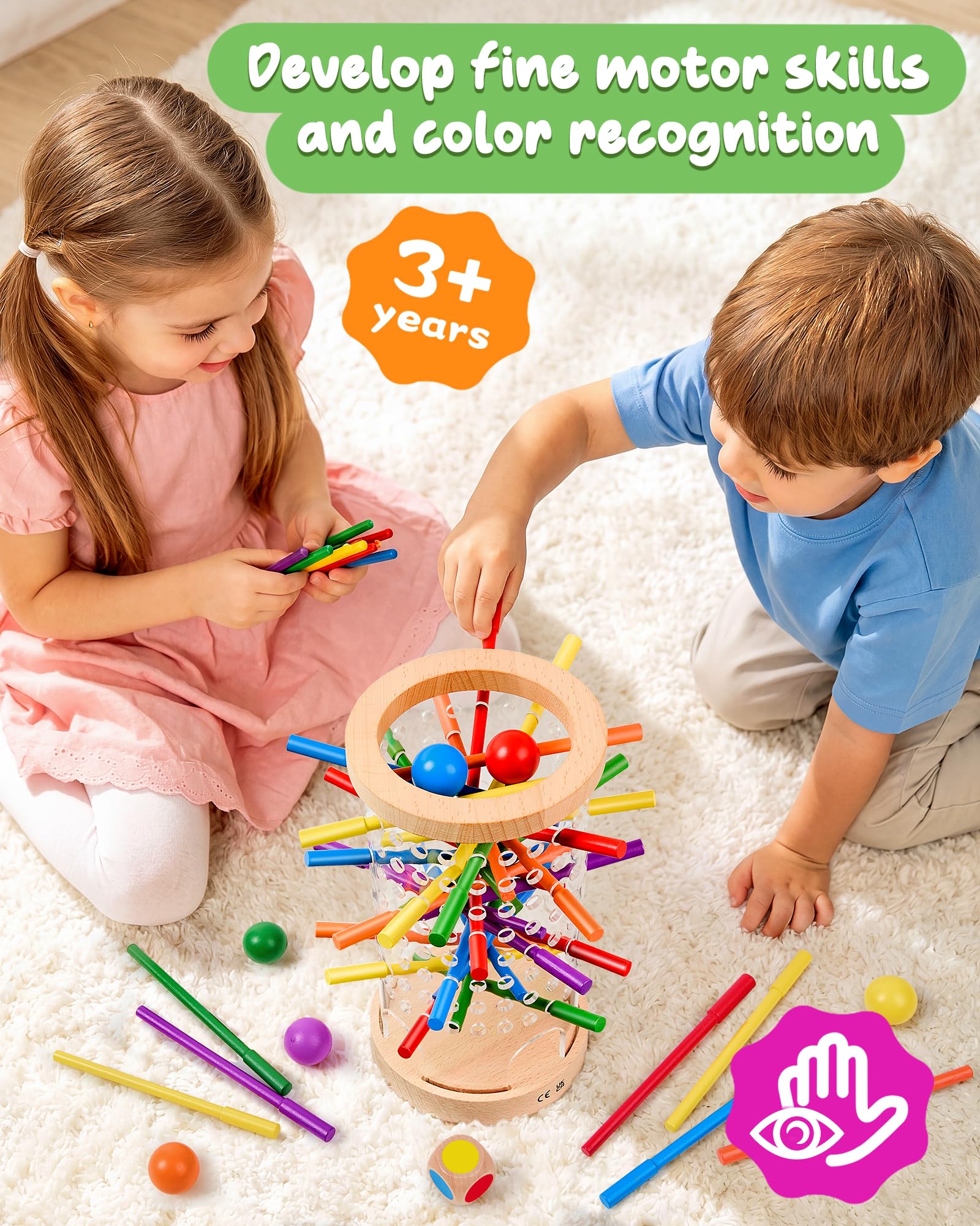 Montessori Wooden Board Games for Kids Ages 4-8, 42 Wooden Sticks Game Quick Setup, Board Games for Kids 4-6, Fine Motor Skills Toy Montessori Toys