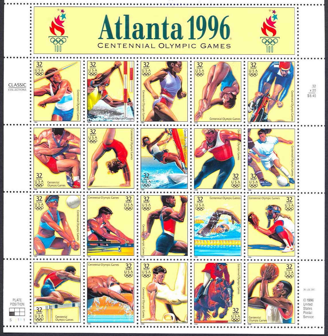 Atlanta Summer Olympics Games Sheet of Twenty 32 Cent Stamps Scott 3068 By USPS