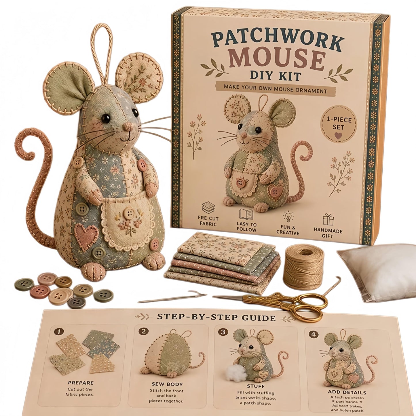 WEERSHUN Handcrafted Vintage Mouse Plush Sewing Kit, Handmade Craft Set, Cute Stuffed Mouse Ornament for Beginners Holiday & Birthday Gift, Fun Felt