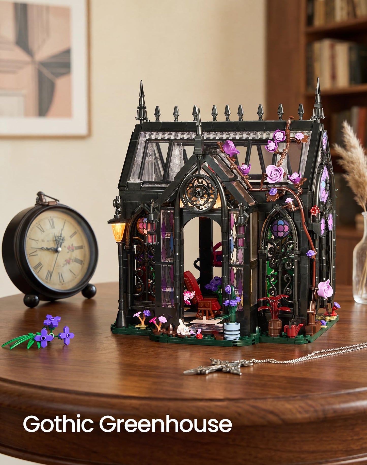 Gothic Greenhouse Building Set with Lights, Architecture Model with Stained Glass & Rose Vines, Botanical Garden Display with Flowers & Plants, Gothic